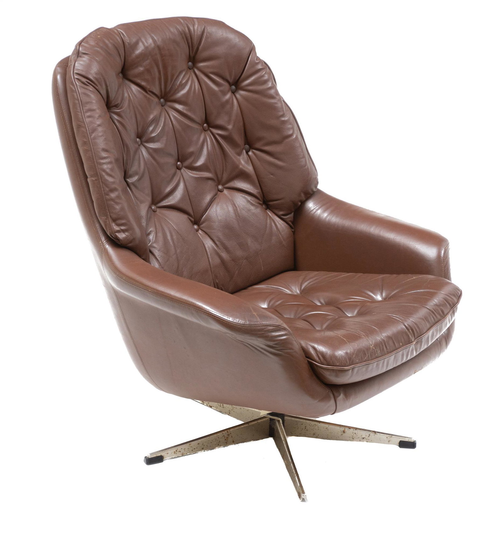 Mid-Century Leather Office Chair: Mid-Century brown leather button back office chair, rising on swiveling base 37.5"h x 31"w x 32"d State wide delivery is available for this item. Please email shipping@vogtauction.com or call 210-822-