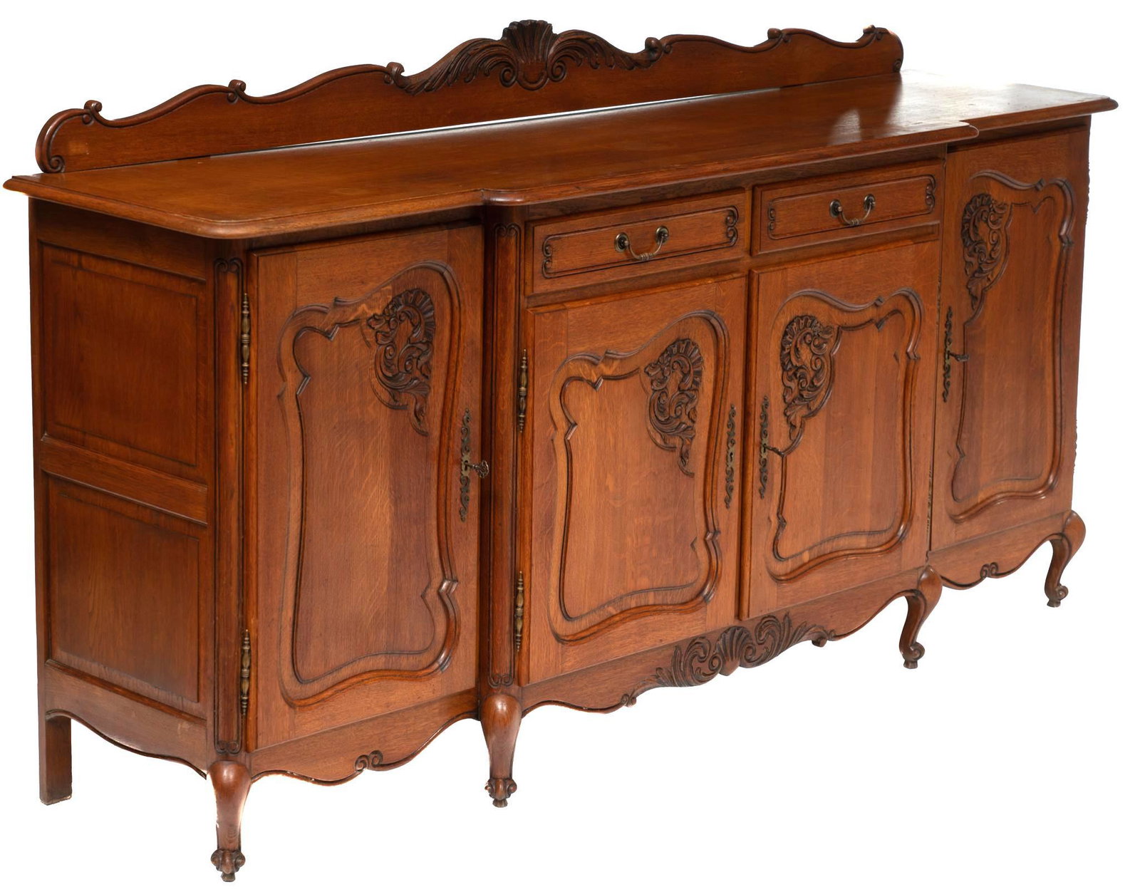 Carved Louis XV Enfilade: French Louis XV enfilade cabinet, carved and shaped mantle, two drawers atop two doors that open to shelved interior, flanked by two doors, floral accents, metal hardware, rising on cabriole legs 46.5