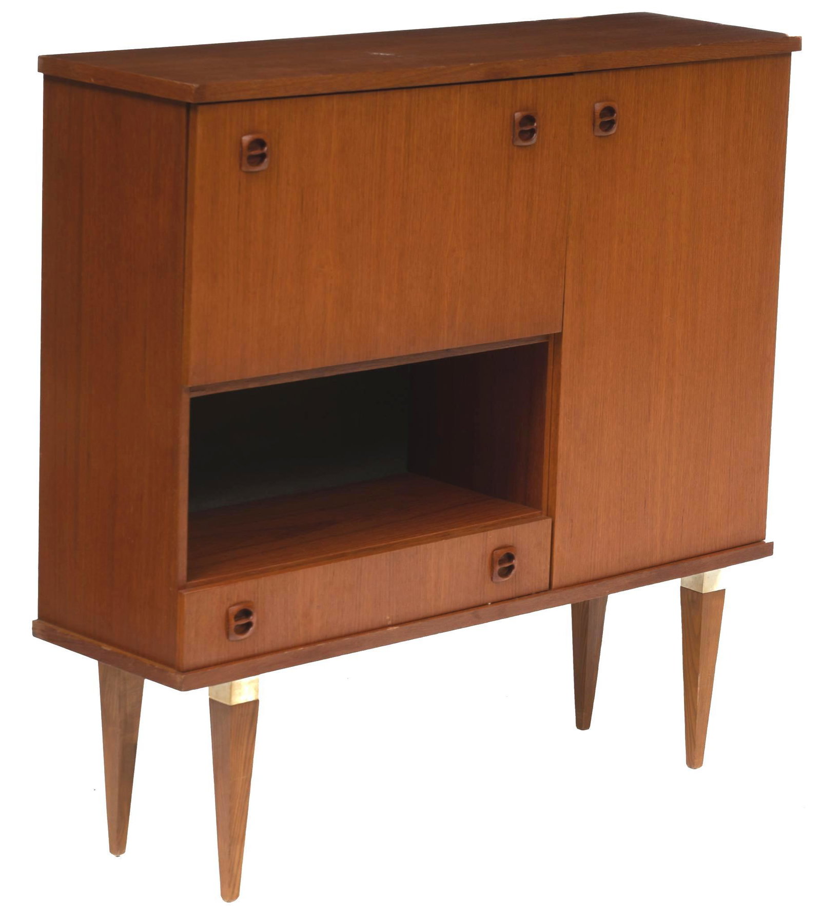 Mid-Century Cocktail Cabinet: Mid-Century cocktail cabinet, single drop front door over open shelf and drawer, flanked by single door, rising on tapered legs with acrylic accents 48"h x 49.5"w x 14"d Condition: Does not include sh