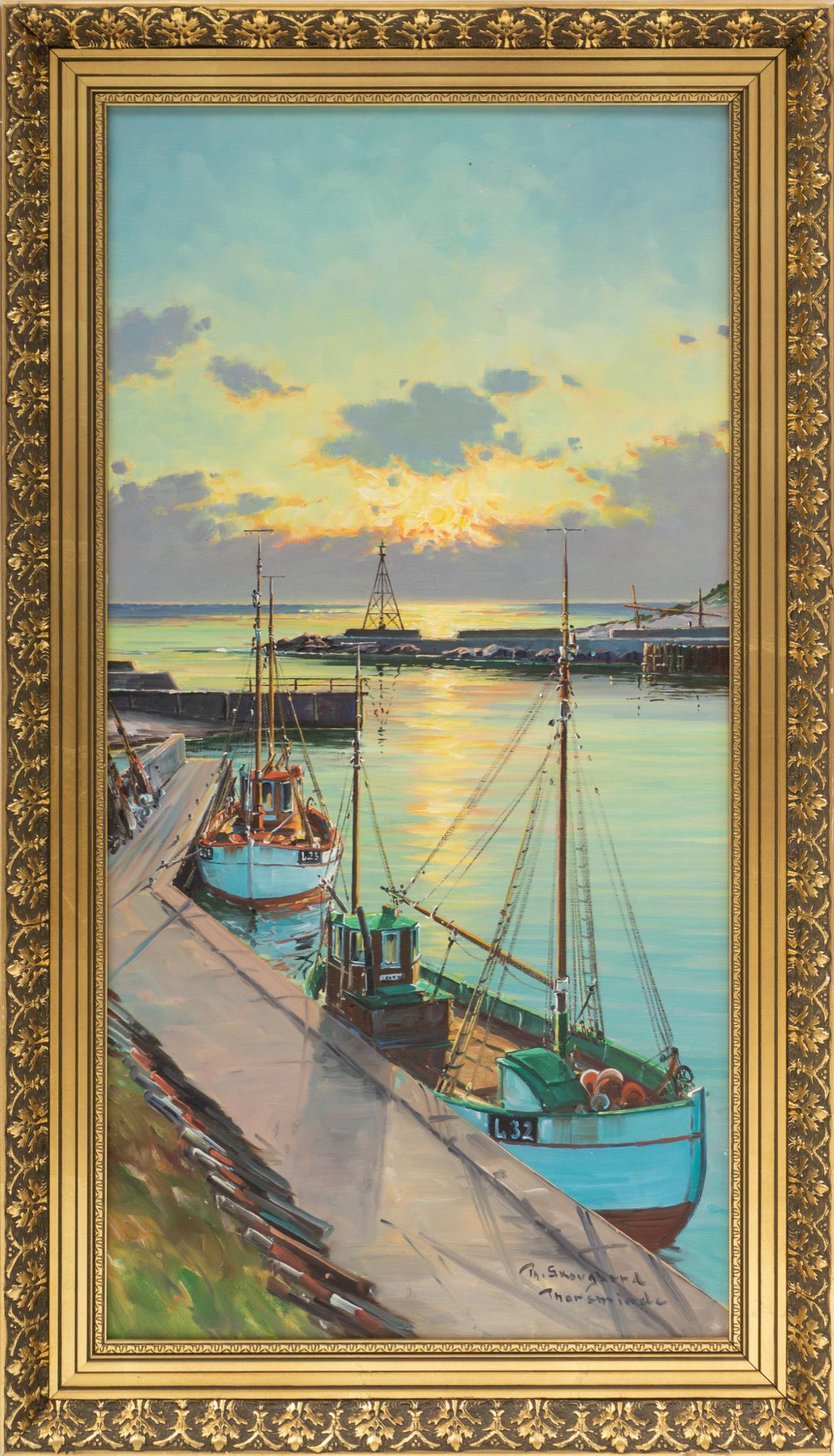 Pr. Skovgbord, "Thorsminde": Pr. Skovgbord, titled "Thorsminde", boats at sunset harbor, oil on canvas, framed 31"h x 24.5"w State wide delivery is available for this item. Please email shipping@vogtauction.com or call 210-822-61