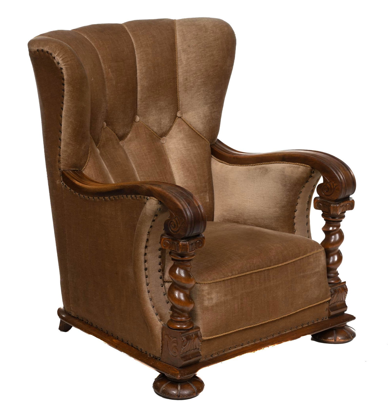 Vintage Swedish Button Back Arm Chair: Vintage Swedish button back arm chair, tan upholstery with nail head trim, scrolled wooden frame, rising on pad feet 38"h x 31"w x 33.5"d State wide delivery is available for this item. Please email s