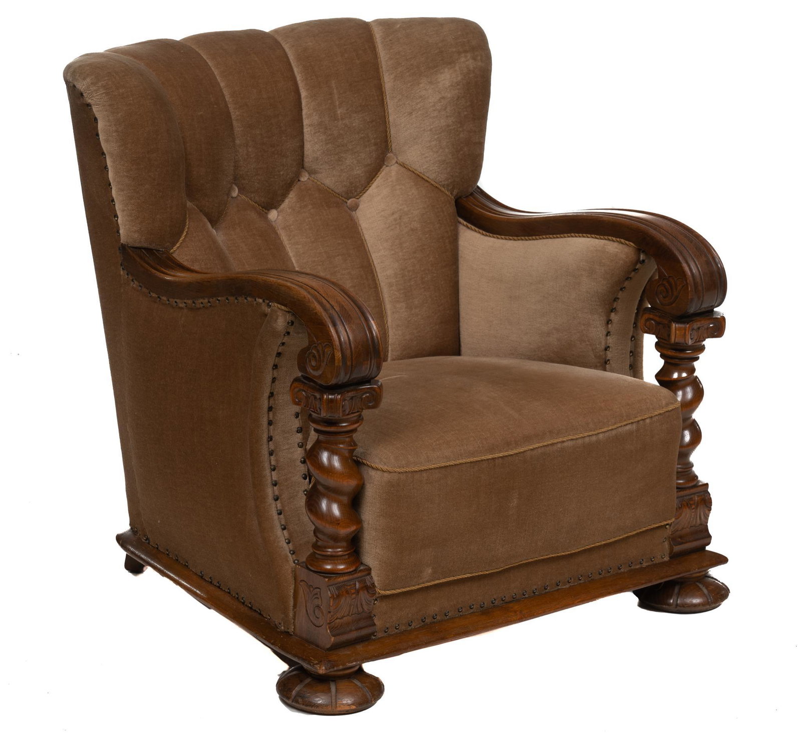 Vintage Swedish Button Back Arm Chair: Vintage Swedish button back arm chair, tan upholstery with nail head trim, scrolled wooden frame, rising on pad feet 38"h x 31"w x 33.5"d State wide delivery is available for this item. Please email s