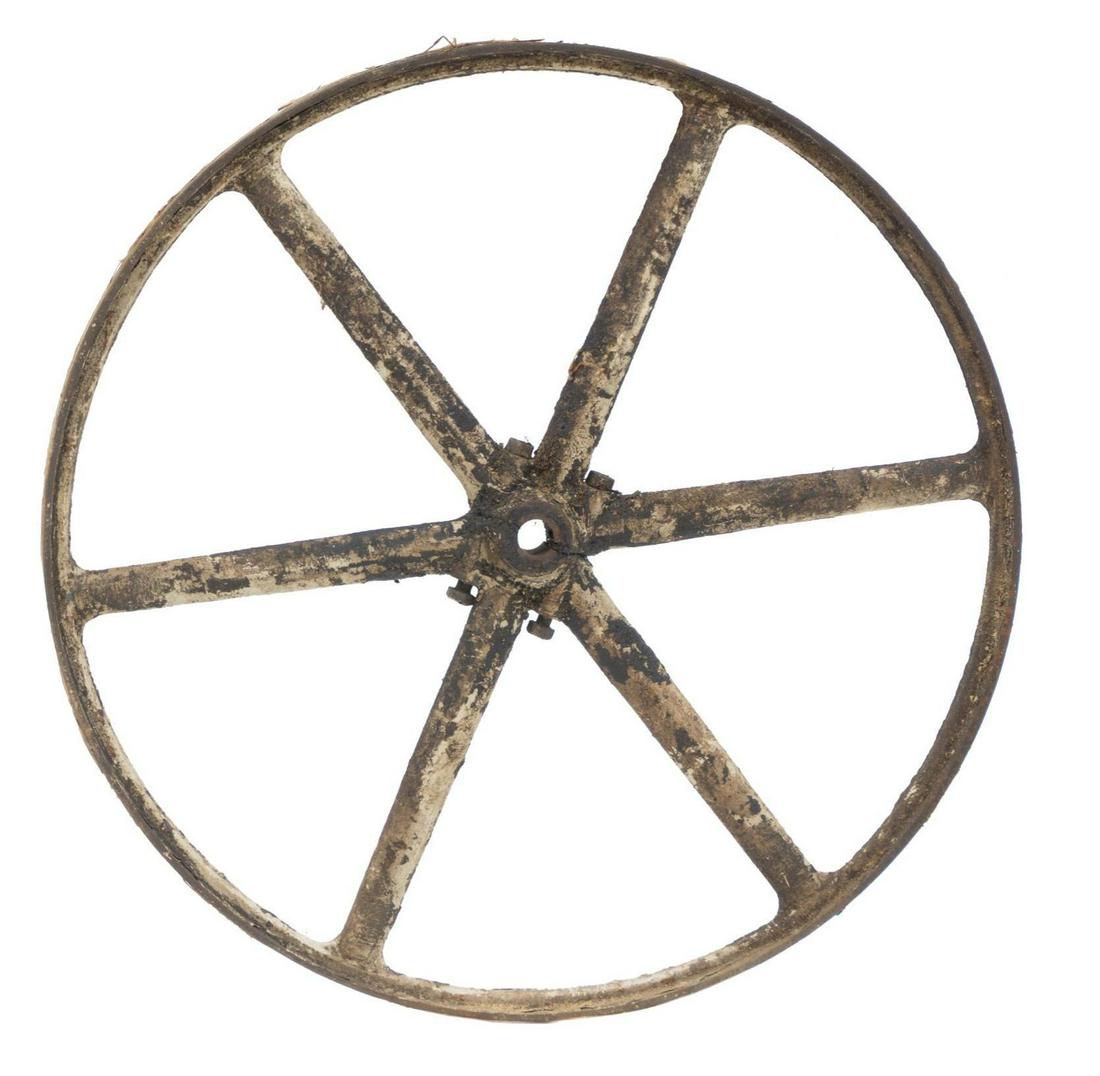 Vintage Industrial Metal Wheel: Vintage industrial metal wheel 31.5"d State wide delivery is available for this item. Please email shipping@vogtauction.com or call 210-822-6155 for a quote. IN-HOUSE SHIPPING IS NOT AVAILABLE ON THIS