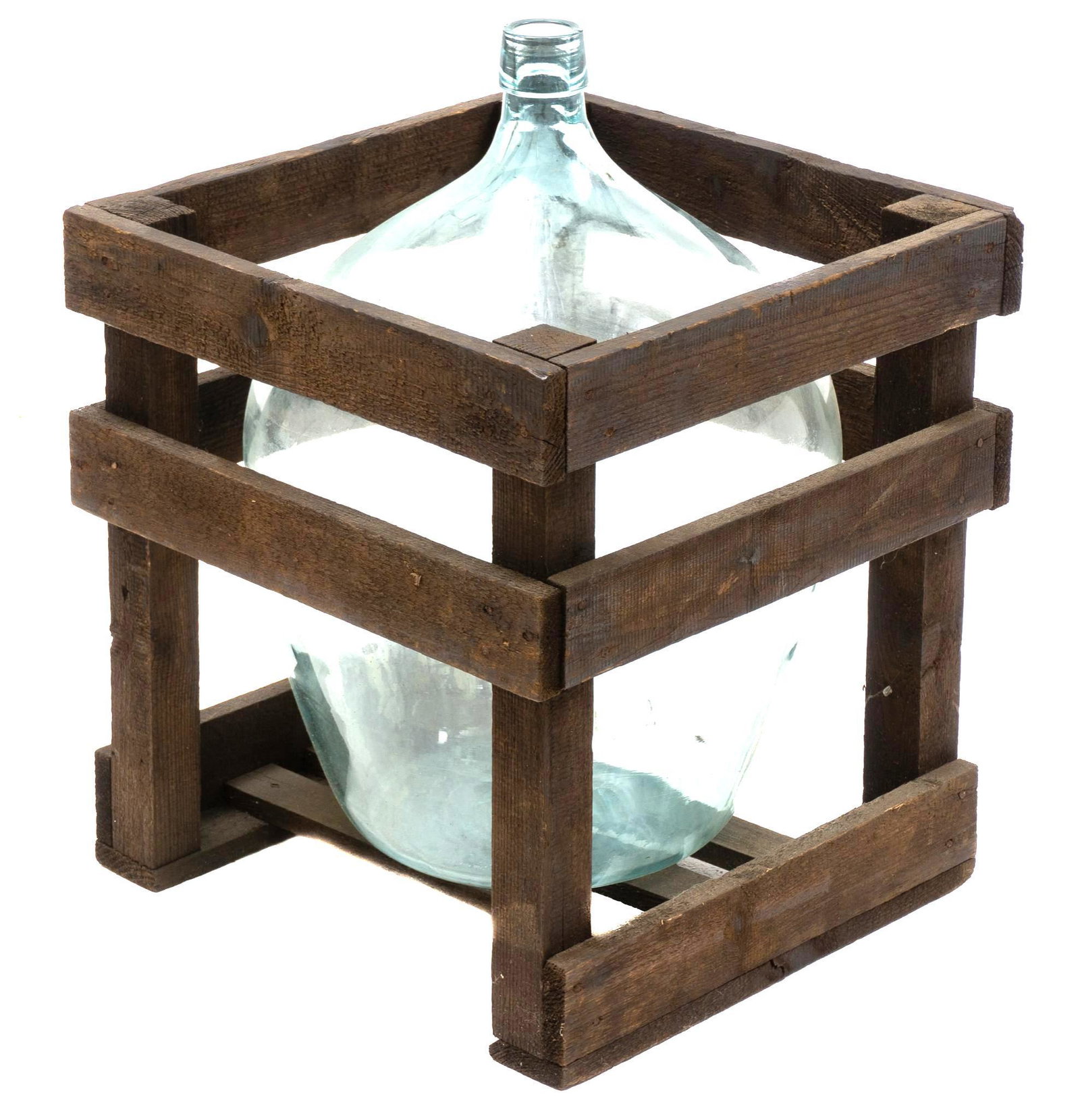 Vintage Hand Blown Glass Carboy in Crate: Vintage hand blown green glass carboy in wooden crate 20.5"h x 15.5"s In-house shipping and delivery is available on this item. Please email shipping@vogtauction.com or call 210-822-6155 for a quote.