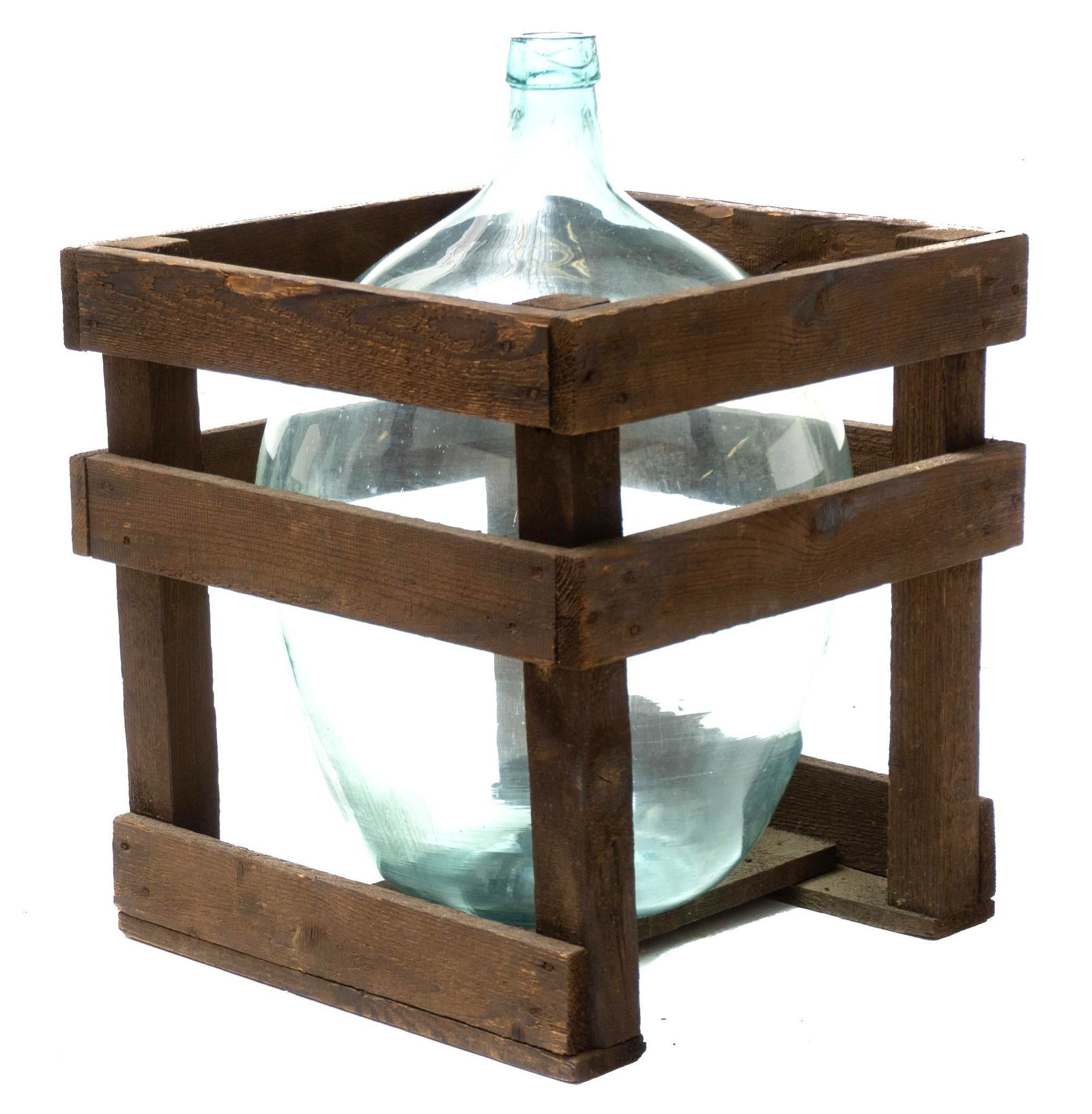 Vintage Hand Blown Glass Carboy in Crate: Vintage hand blown blue glass carboy in wooden crate 21"h x 15.5"w x 15.5"d In-house shipping and delivery is available on this item. Please email shipping@vogtauction.com or call 210-822-6155 for a q
