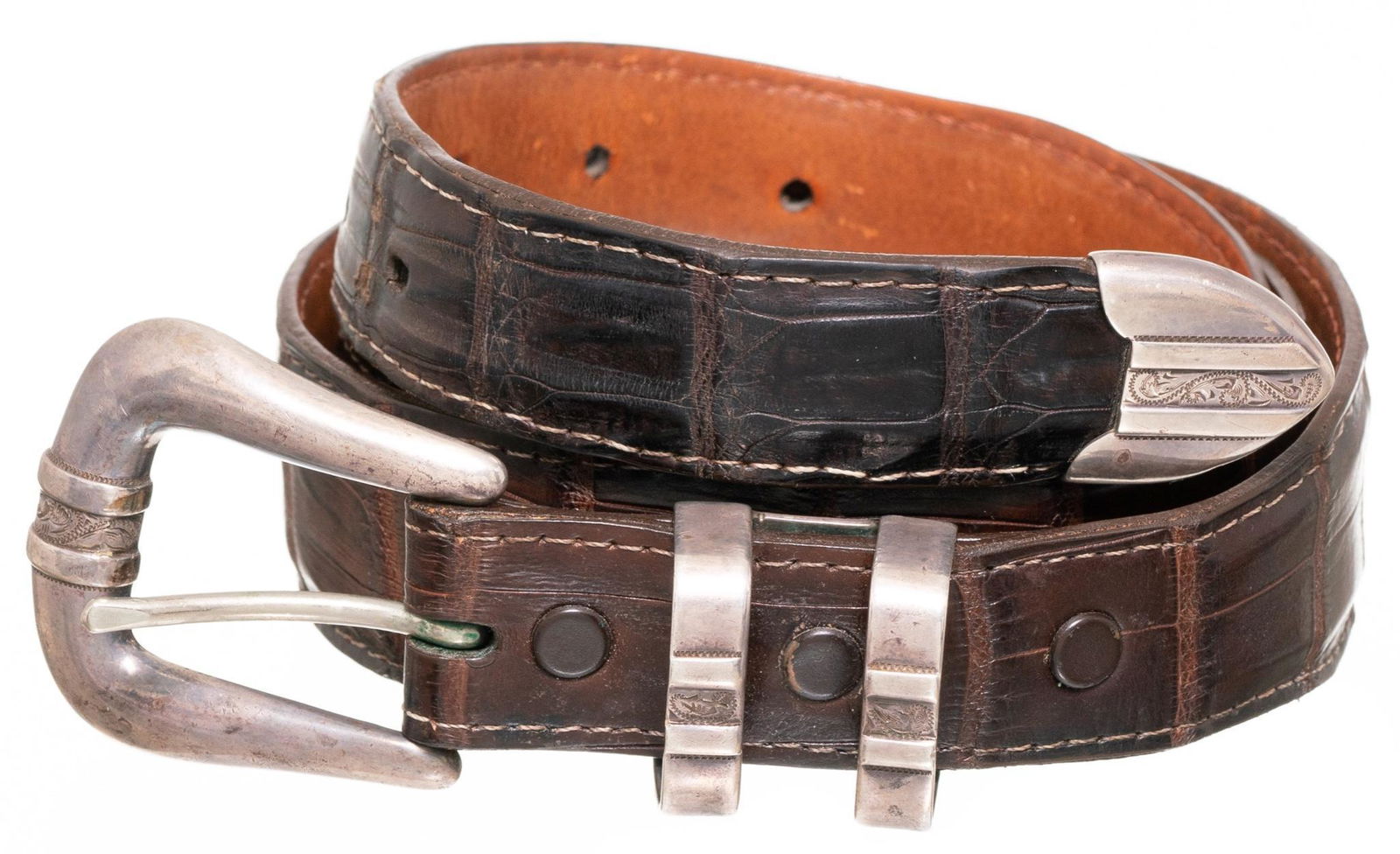 Lucchese Alligator Belt with Edward: Lucchese alligator hide belt with Edward Bohlin (Hollywood, CA) sterling silver buckle Size 36 We happily provide seamless shipping services on everything we sell. Please email us at shipping@