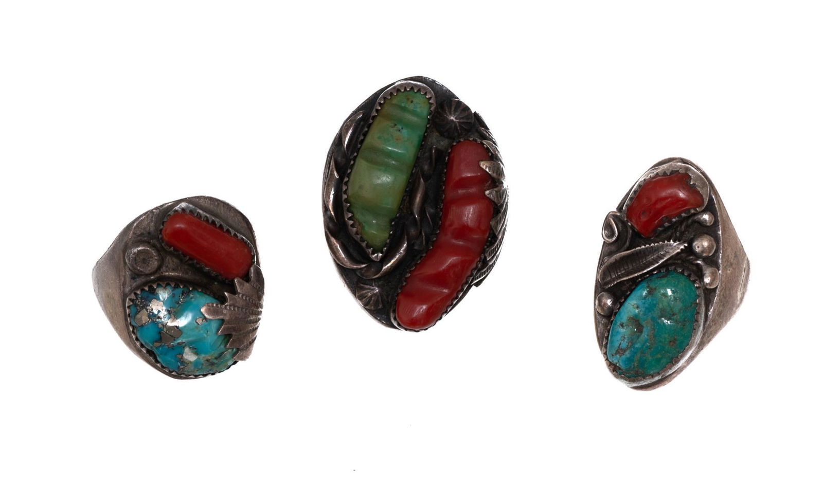 Set of 3 Western Sterling Turquoise and Coral Rings (1 of 3)