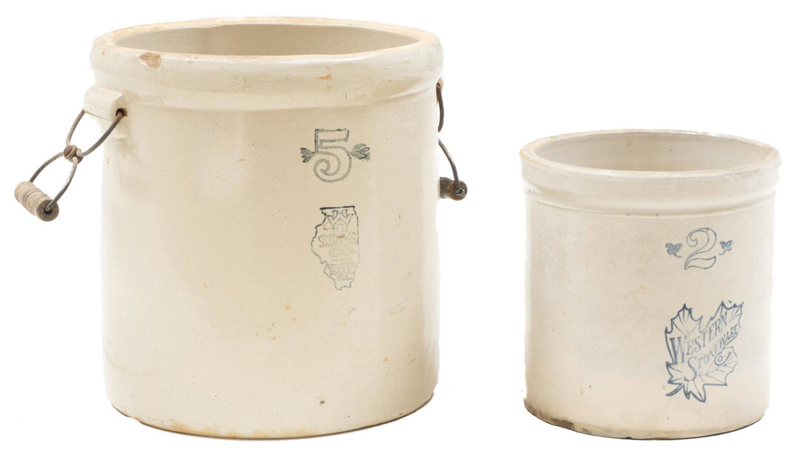 Pair of Texana Stoneware Crocks: Pair of Texas stoneware crocks, one handled, white with blue accents 13 x 12.5"/ largest We happily provide seamless shipping services on everything we sell. Please email us at shipping@vogtauctio
