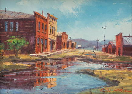 Ben Abril (1923-1995), "Main Street Bodie - 1859": Ben Abril (1923-1995), "Main Street Bodie - 1859", oil on canvas, framed  sight: 9 x 12", frame: 15 x 18"  Provenance: Donation to the Hill Country Memorial Hospital (Fredericksburg, TX)  Born in Los