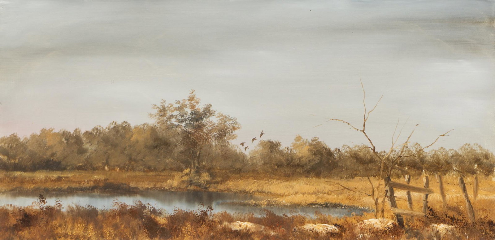 Ron Vaughan (1937-2020), Autumn Pond: Ron Vaughan (1937-2020), autumn pond landscape, oil on board, framed sight: 11.5 x 23.25", frame: 12 x 24" Condition: Rough edges €‹€‹€‹€‹€‹€‹€‹Provenance: A San Antonio, 