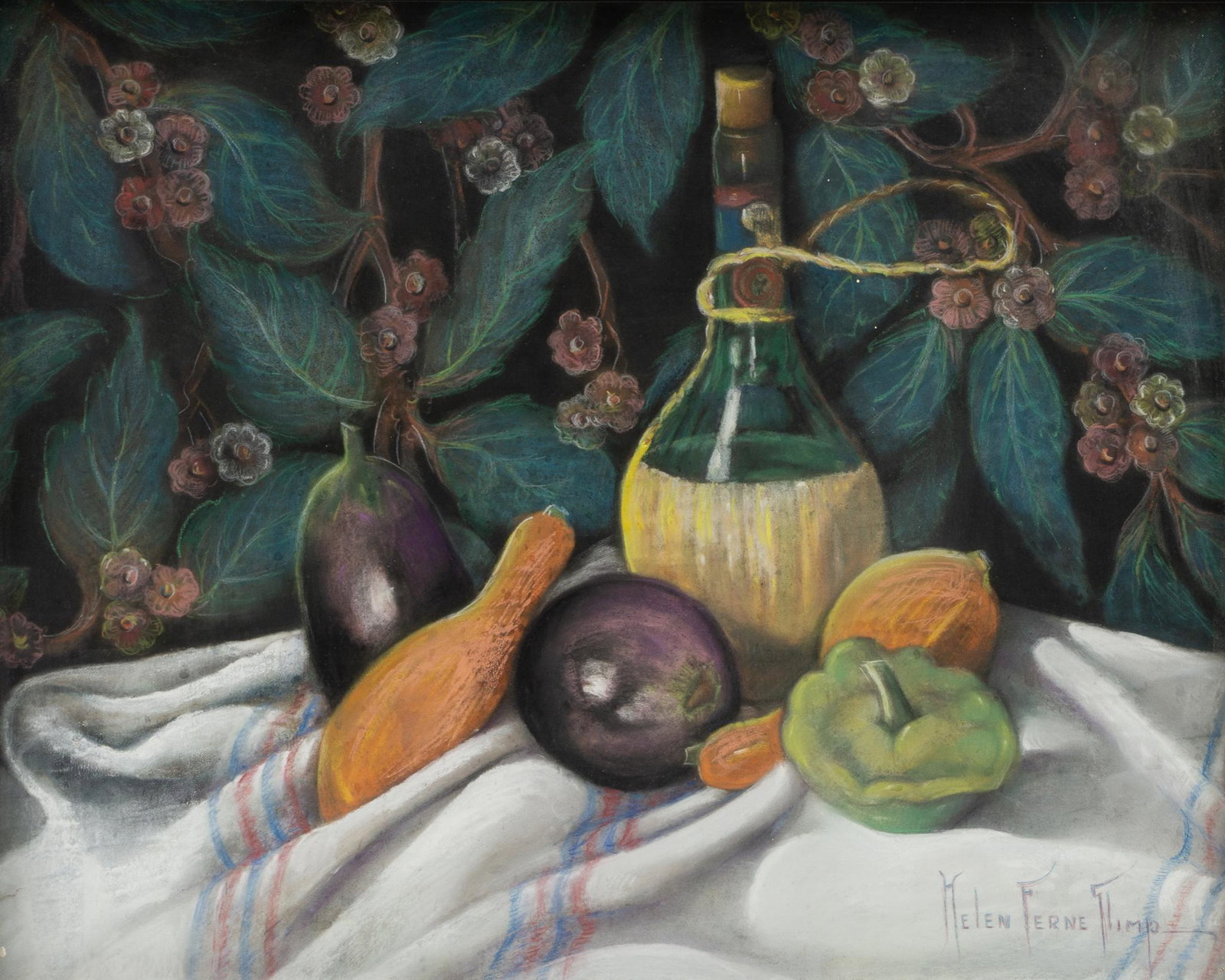 Helen Ferne Slimp (1890-1995), Wine and Vegetables: Helen Ferne Slimp (1890-1995), wine bottle and vegetables still life, pastel, framed sight: 15.25 x 19", frame: 18.25 x 22.25" Condition: Water spots on lower right side; rip in lower left corner €�