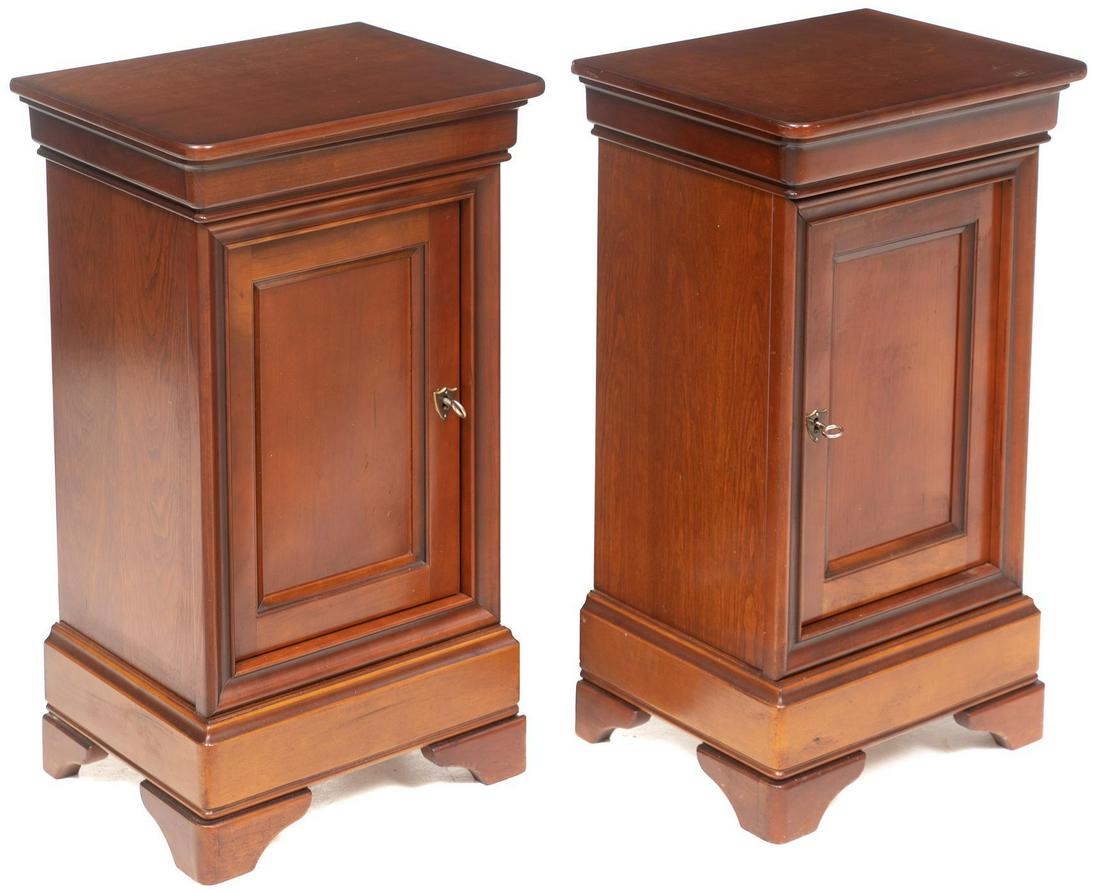 Pair of Louis Philippe Style Night Stands: Pair of Louis Philippe style night stands, single frieze drawer above single door that opens to shelved interior, includes key 30.5 x 17 x 14"/ each We happily provide seamless shipping services on ev