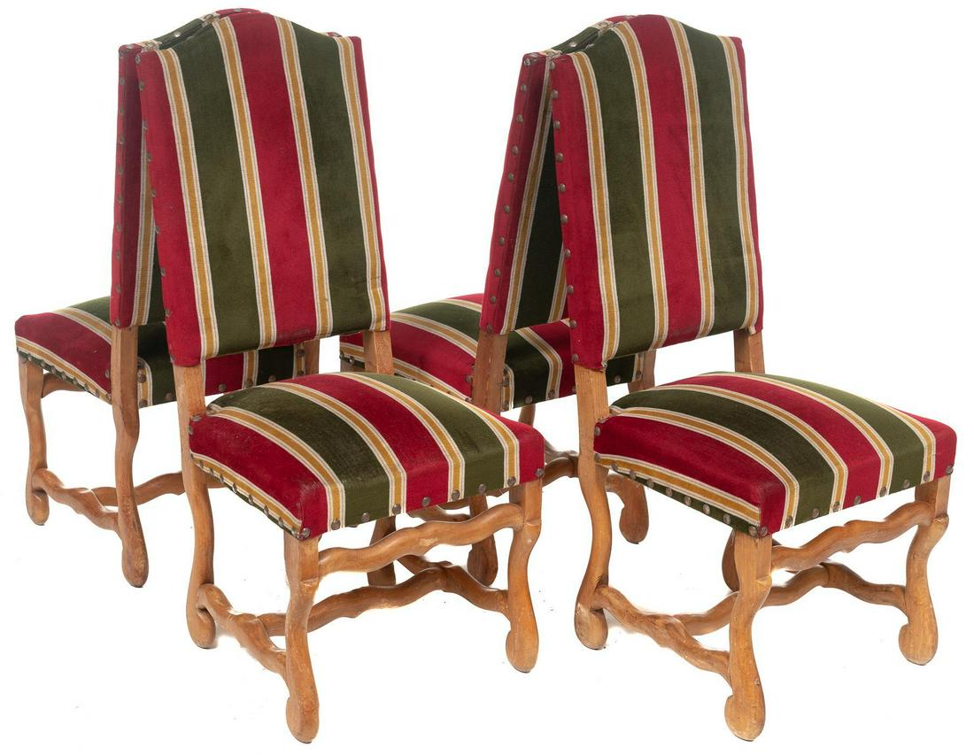 Set of 4 Louis XIII Style Dining Chairs: Set of four Louis XIII style dining chairs, striped upholstery with nail head trim, rising on carved H stretchered legs 42.5 x 21.5 x 19"/ each We happily provide seamless shipping services on everyth