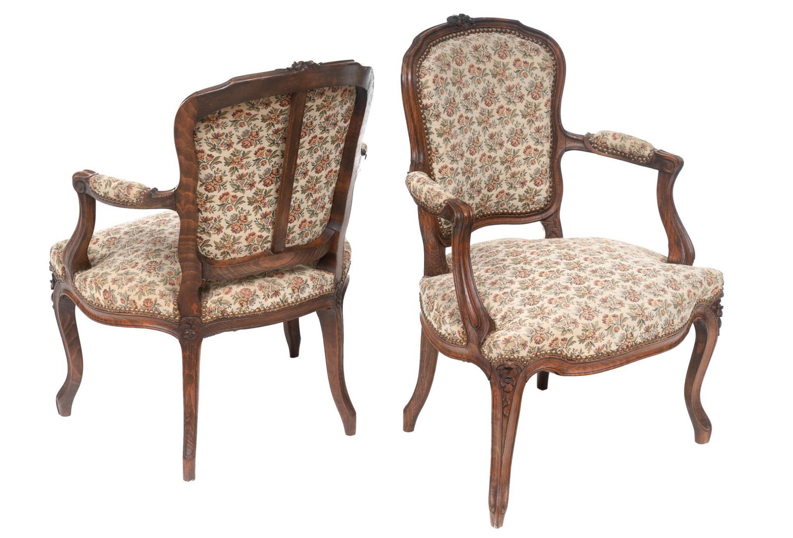 Pair of Louis XV Style Fauteuil Chairs: Pair of French Louis XV style fauteuil arm chairs, floral upholstery with carved mantle, rising on cabriole legs 33.5 x 23.5 x 20"/ each We happily provide seamless shipping services on everything we 