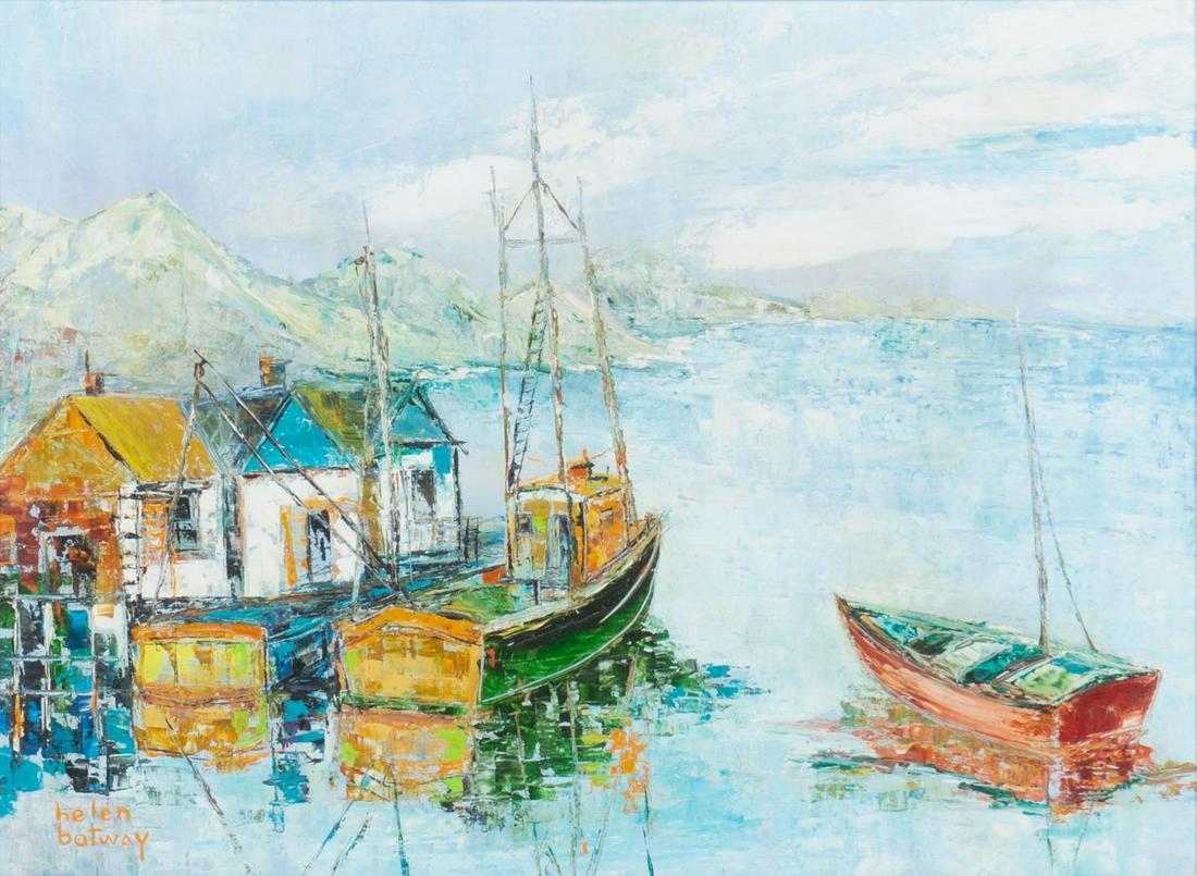 Helen Botway, Boats at Port: Helen Botway, contemporary impressionist boats at port, oil on board, framed frame: 23.5 x 29.5" Provenance: The Estate of socialite Greli Less (San Antonio, Texas) We happily provide seamless shippi