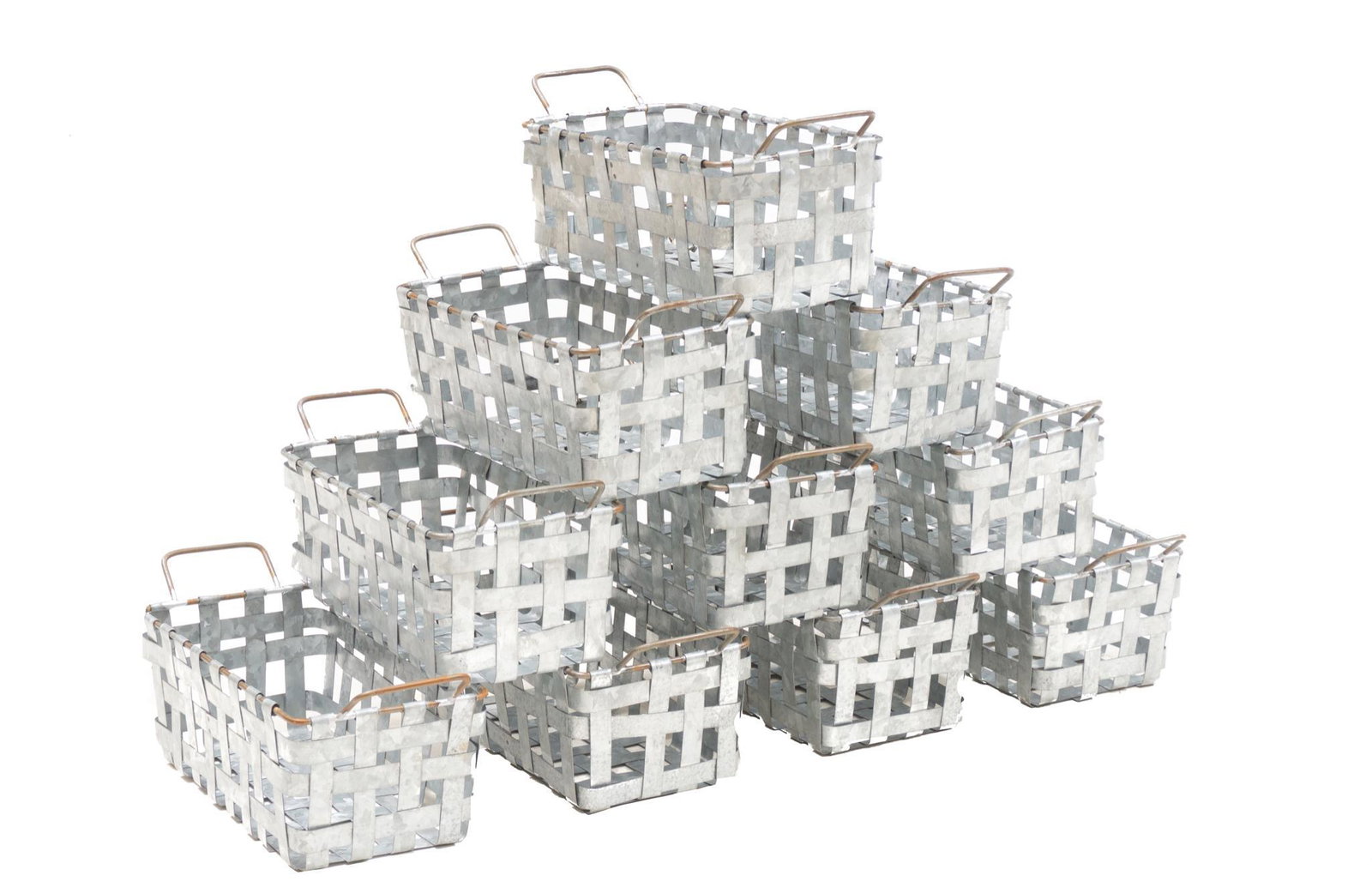 Lot of 10 Galvanized Metal Crates: Lot of ten galvanized metal crates, dual handled 5 x 6.5 x 15"/ largest We happily provide seamless shipping services on everything we sell. Please email us at shipping@vogtauction.com or call 210