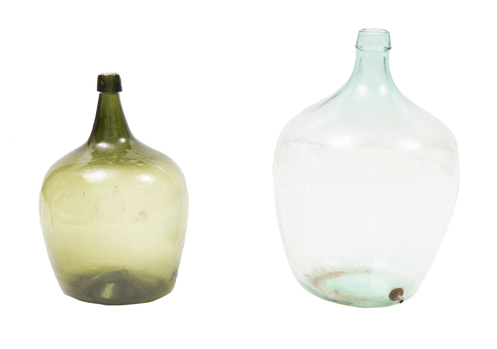 Pair of Vintage Hand Blown Glass Carboys: Pair of vintage hand blown green and blue glass carboys 19 x 14"/ largest We happily provide seamless shipping services on everything we sell. Please email us at shipping@vogtauction.com or call