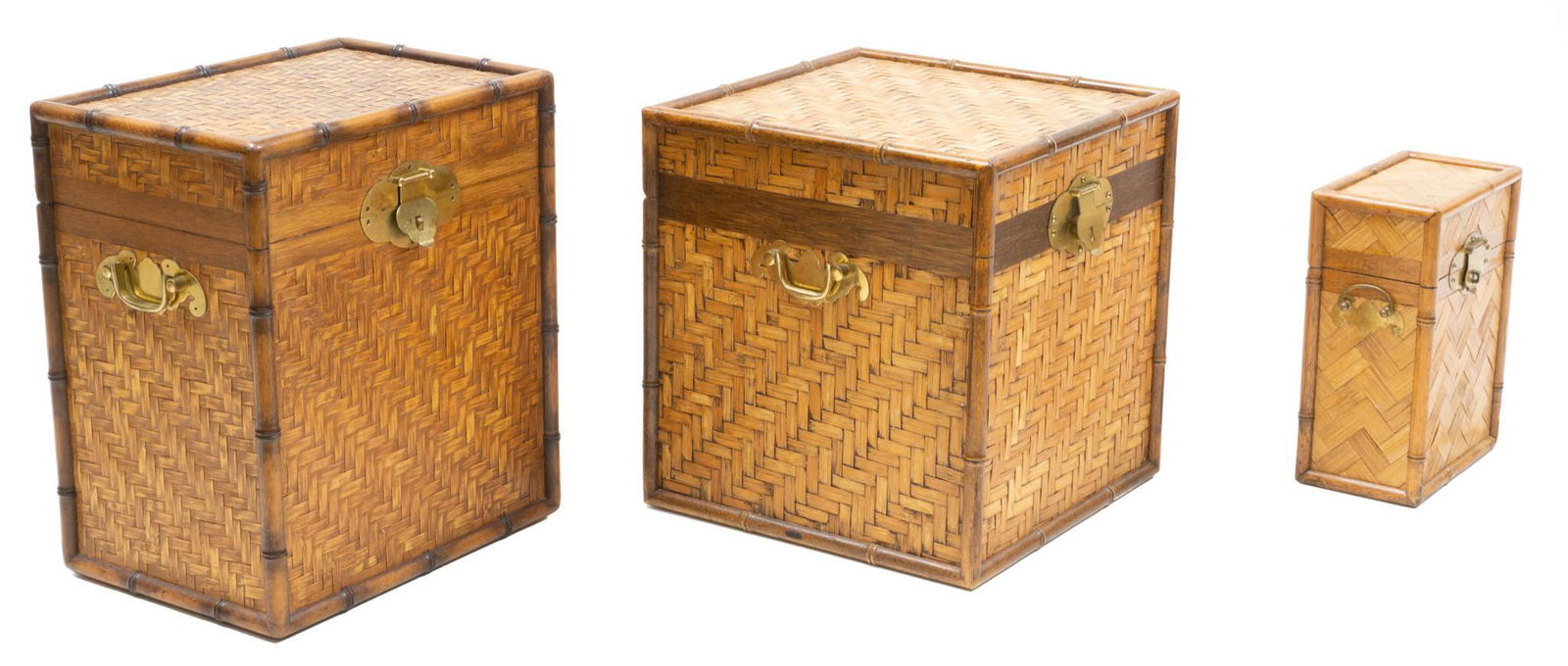 Lot of 3 Vintage Wicker Picnic Baskets: Lot of three vintage 1970's wicker wine and champagne cooler boxes, hinged lid opens to storage compartment, metal hardware 17 x 16 x 16"/ largest We happily provide seamless shipping services on ev