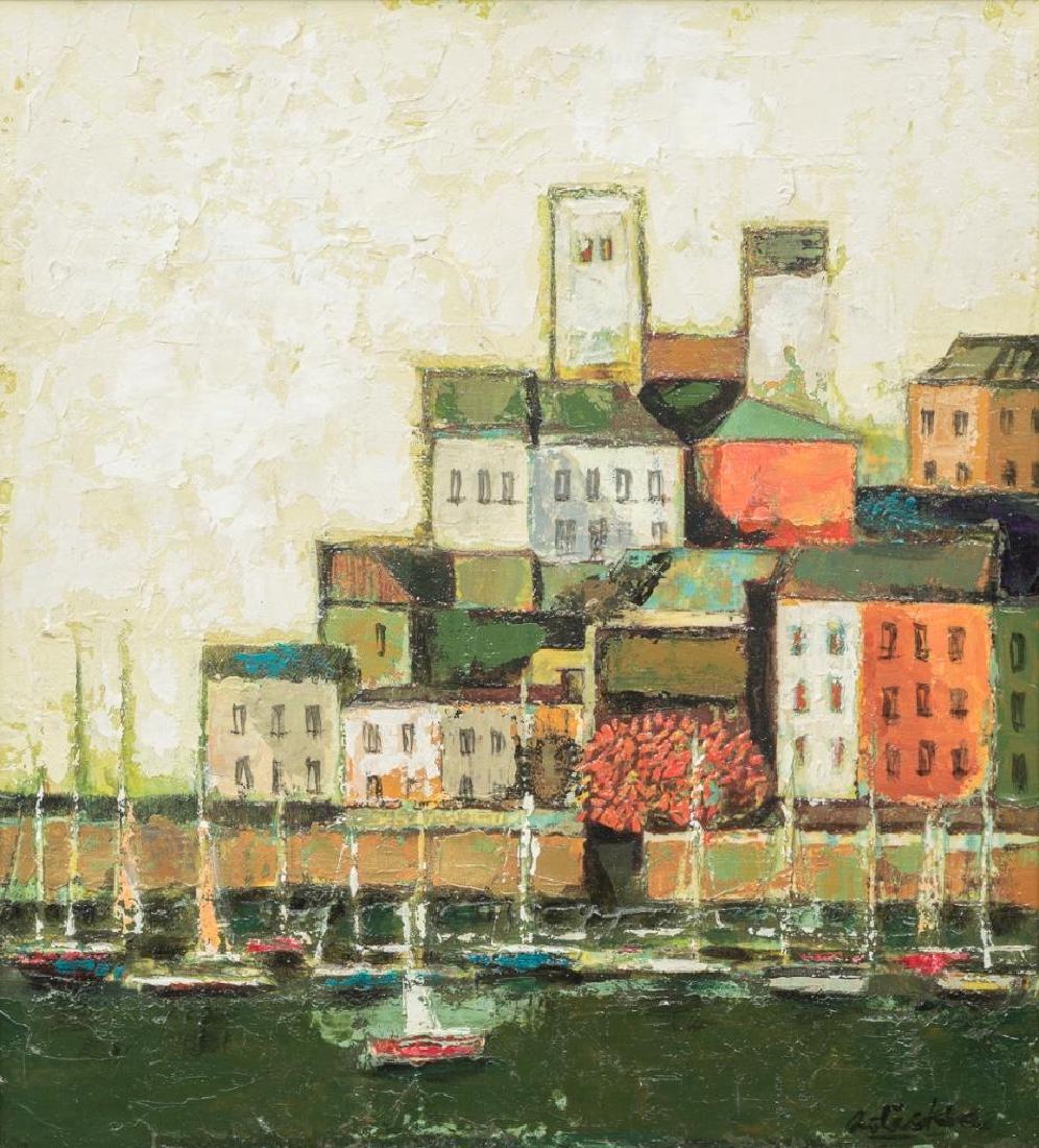 David Adickes (b. 1927), Harbor Scene, oil on canvas,: David Adickes (b. 1927), Harbor Scene, oil on canvas, 15 x 13.5", frame: 21 x 19.5" David Adickes was born in 1927 in Texas. The career of this well known Texas artist and sculptor spans six decades.