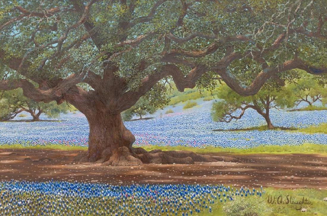 William Slaughter (1923-2003), Bluebonnet Oak, oil: William Slaughter (1923-2003), Bluebonnet Oak, oil on canvas, 24 x 36", frame: 34 x 46" William A. Slaughter was born in San Antonio. His first call was to the ministry and after serving in the Air Fo