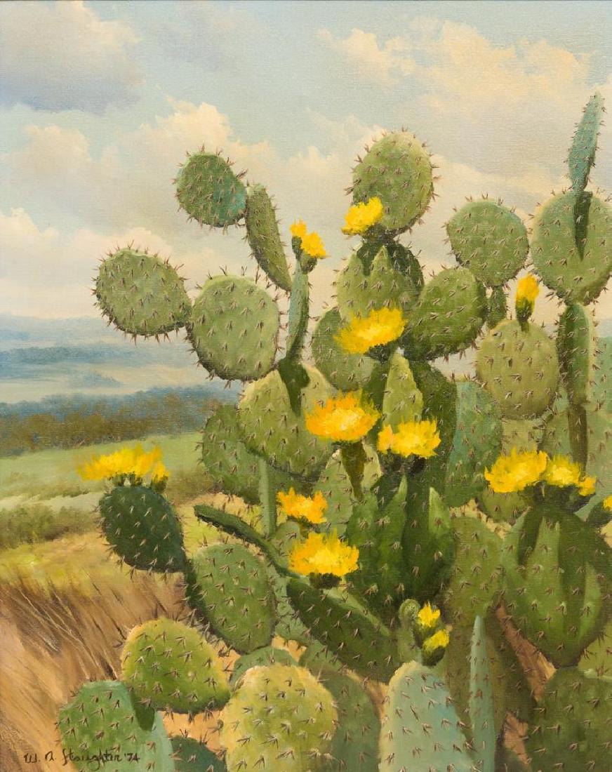 William Slaughter (1923-2003), Blooming Cactus, 1974: William Slaughter (1923-2003), Blooming Cactus, 1974, oil on canvas, 30 x 24", frame: 39 x 33" William A. Slaughter was born in San Antonio. His first call was to the ministry and after serving in the