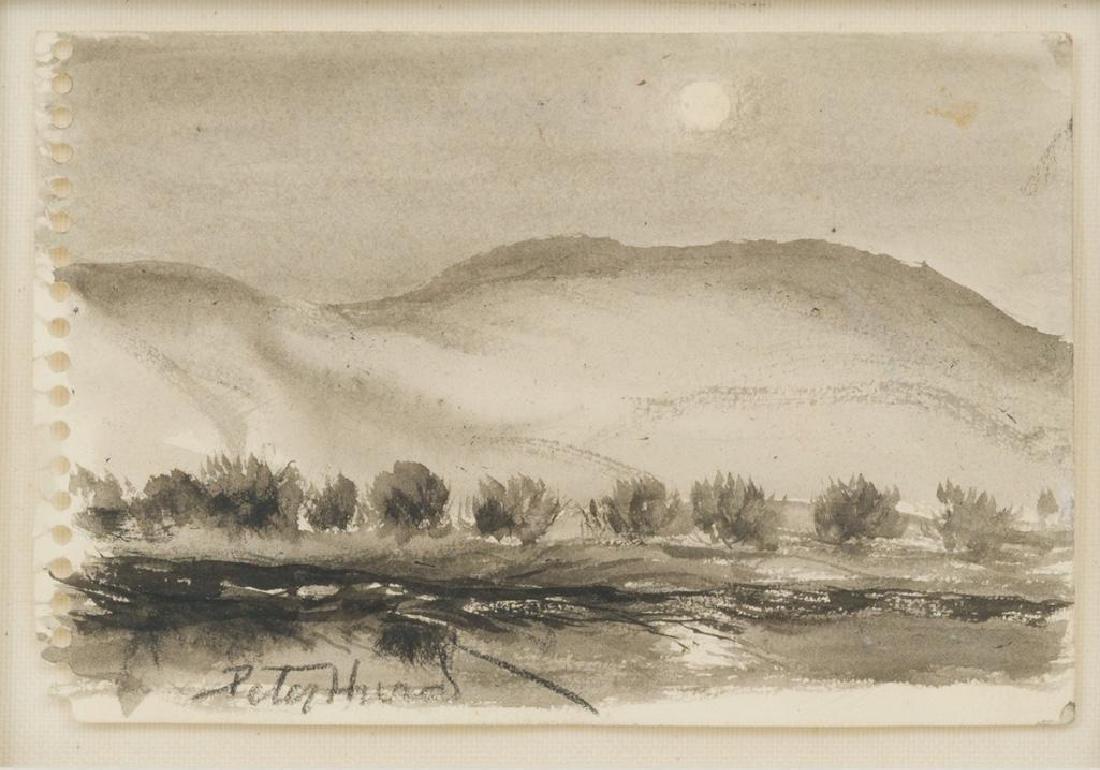 Peter Hurd (1904-1984), "Valley Moon", ink and wash: Peter Hurd (1904-1984), "Valley Moon", ink and wash on paper, 4 x 6", frame: 11.5 x 13.5" Peter Hurd attended West Point Military Academy and then studied art at the Pennsylvania Academy of Fine Art.