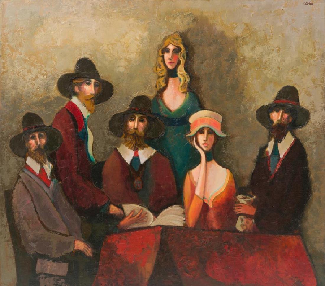 David Adickes (b. 1927), A Gathering of Friends, oil: David Adickes (b. 1927), A Gathering of Friends, c. 1980, oil on canvas, 48 x 54", frame: 55.75 x 61.75" David Adickes was born in 1927 in Texas. The career of this well known Texas artist and sculpto