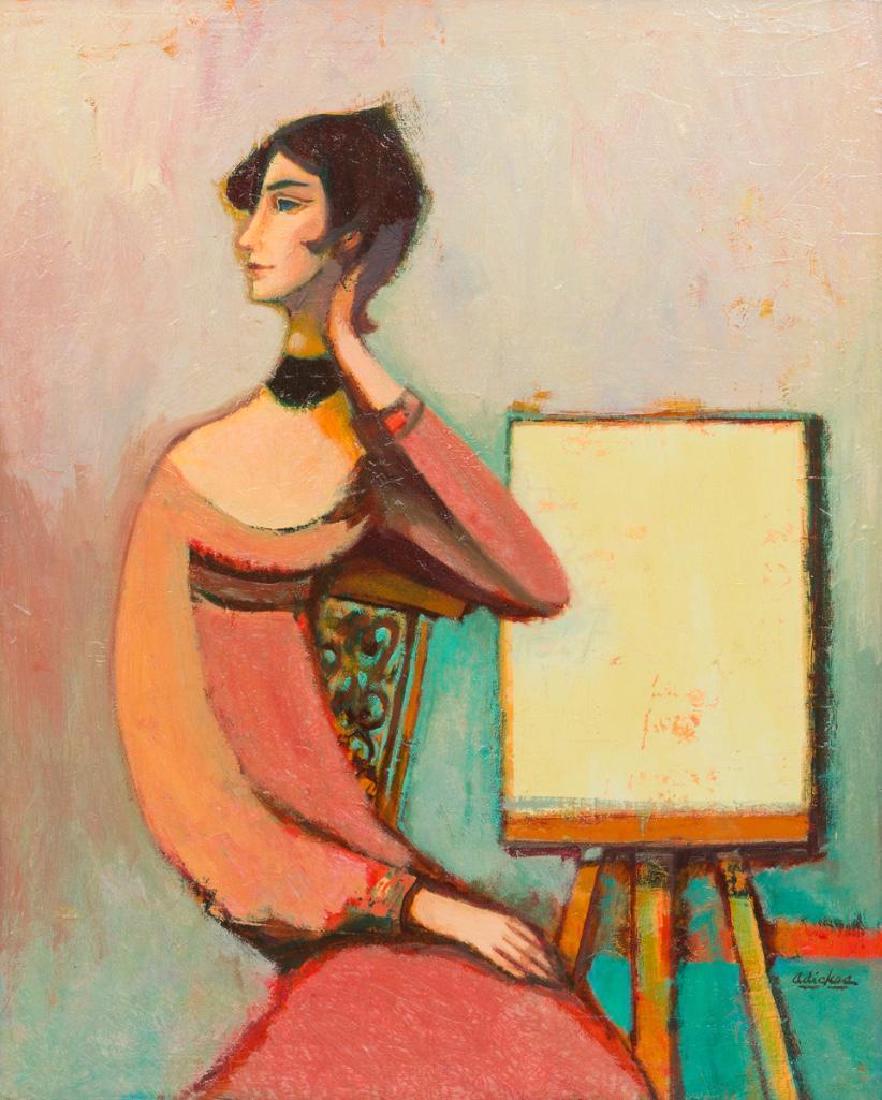 David Adickes (b. 1927), Woman at Easel, oil on canvas,: David Adickes (b. 1927), Woman at Easel, c. 1980, oil on canvas, 30 x 23.75", frame: 35.25 x 29.5" David Adickes was born in 1927 in Texas. The career of this well known Texas artist and sculptor span