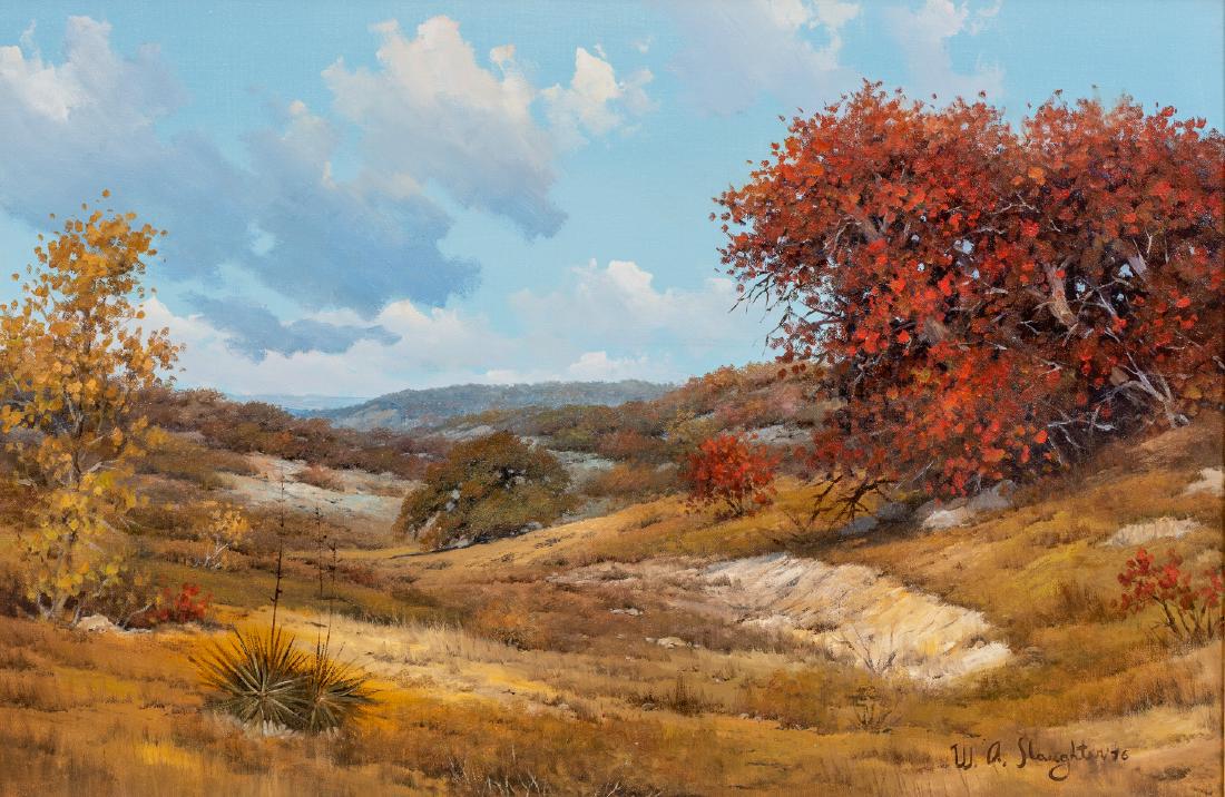William Slaughter (1923-2003), Autumn, oil, 24 x 36": William Slaughter (1923-2003), "Autumn in Texas", 1973, oil on canvas, 24 x 36", frame: 31 x 43" Provenance: from the collection of William C. Reynolds, former owner of the Edward H. Bohlin Company, S