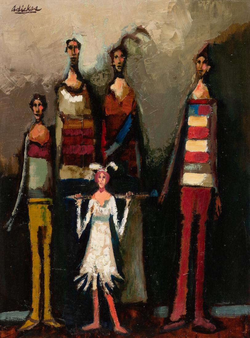 David Adickes (b. 1927), The Family, oil: David Adickes (b. 1927), The Family, oil on canvasboard, 16 x 12", frame: 23.25 x 19.25" David Adickes was born in 1927 in Texas. The career of this well known Texas artist and sculptor spans six deca