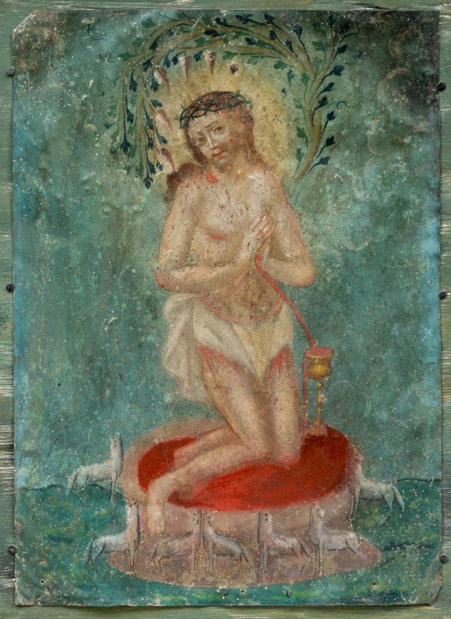 20th C. Mexican Folk Art Retablo, Eucharistic Christ: Mexican folk art religious retablo depicting Eucharistic Christ, circa 1910, oil on tin, framed frame: 19 x 15"; Provenance: The Collection of Lisa Nixon (Helotes, TX) Please note: All the Mexican