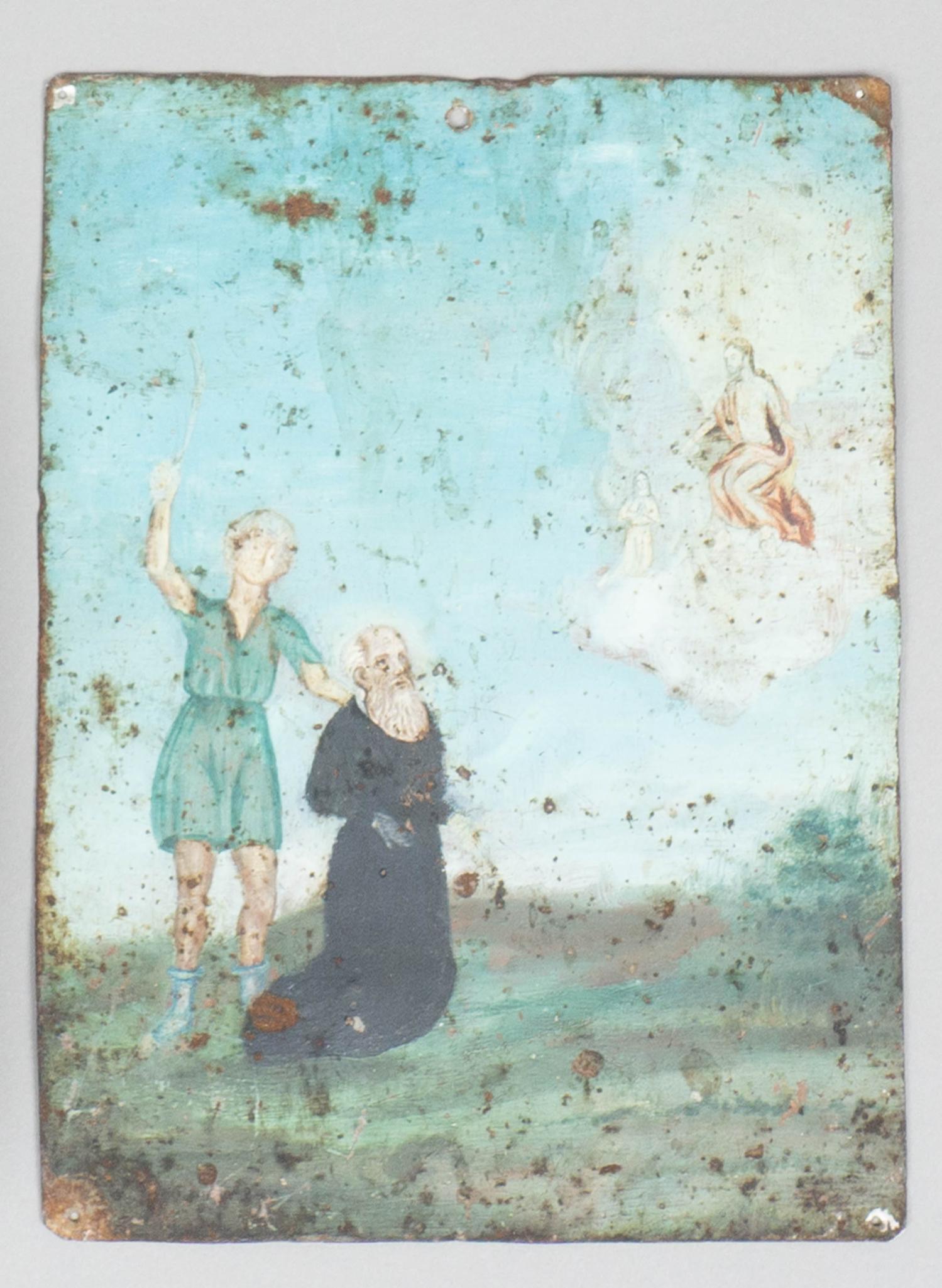 20th C. Mexican Folk Art Retablo, Saint Jerome: Mexican folk art religious retablo depicting Saint Jerome being whipped by an angel, circa 1910, oil on tin, unframed 9 x 6.5"; Provenance: The Collection of Lisa Nixon (Helotes, TX) Please note: A