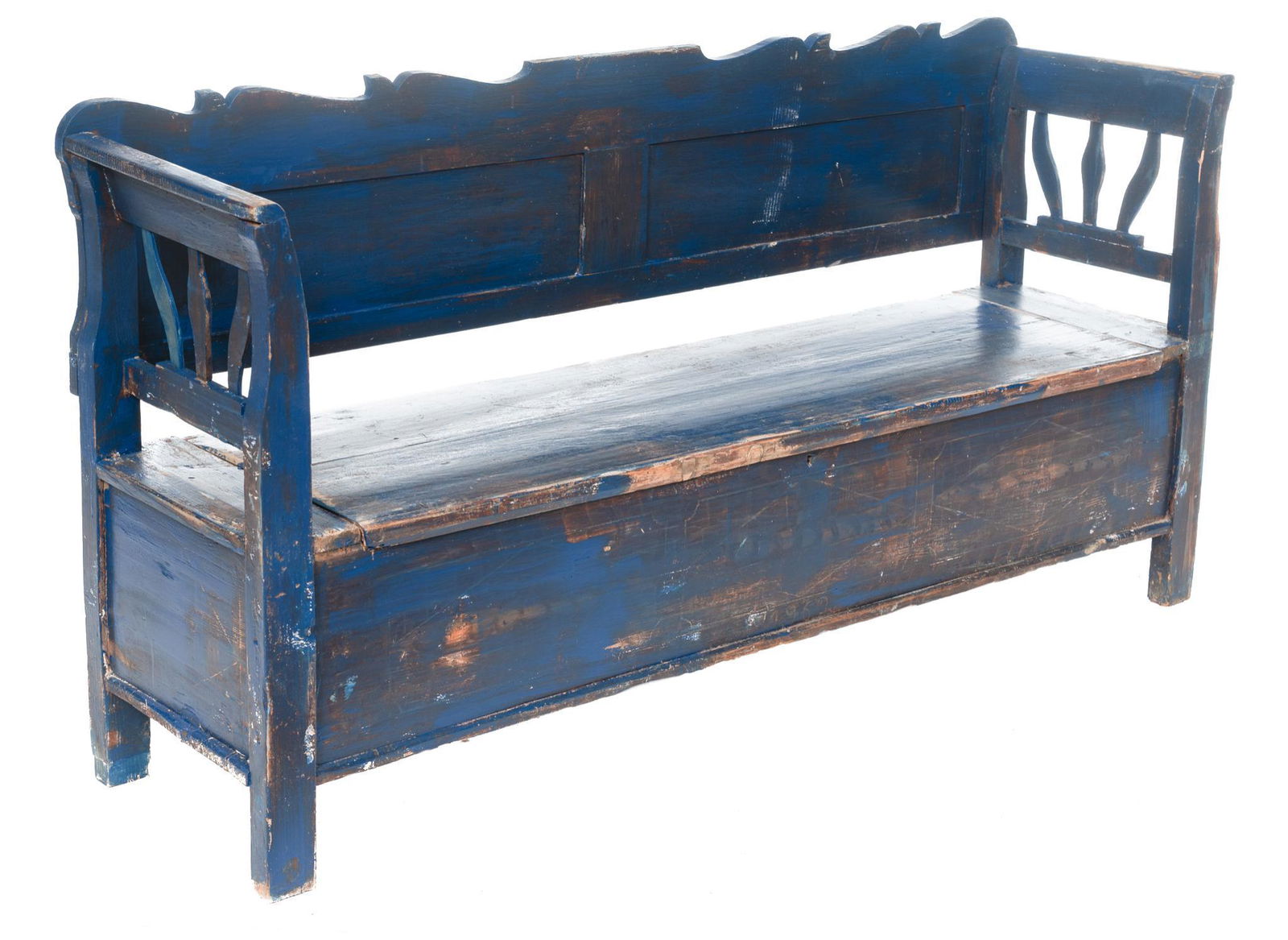 Vintage Storage Hall Bench: Vintage wooden hall bench, hinged seat opens to storage compartment, blue painted with carved accents 38.5 x 74 x 20"; We happily provide seamless shipping services on everything we sell. Please ema