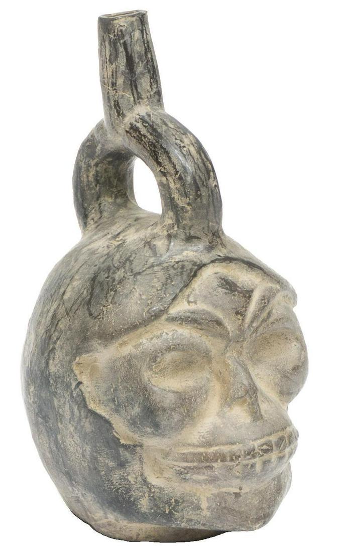 Peruvian Pottery, Skull Stirrup Bottle (1 of 3)
