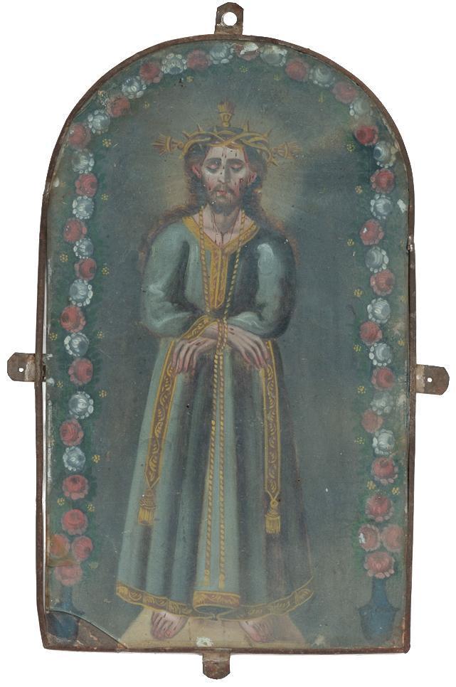 20th C. Mexican Folk Art Retablo, Christ Crowned in (1 of 2)