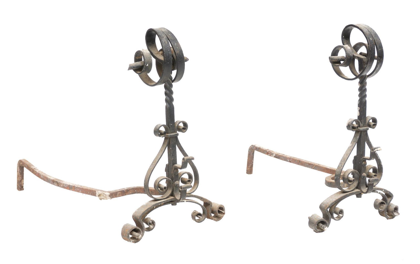 Pair of Spanish Iron Fireplace Andirons: Pair of Spanish scrolled iron fireplace andirons 24 x 14 x 27";/ each Provenance: The Collection of Chris Hill (San Antonio, TX) We happily provide seamless shipping services on everything we sell. Pl