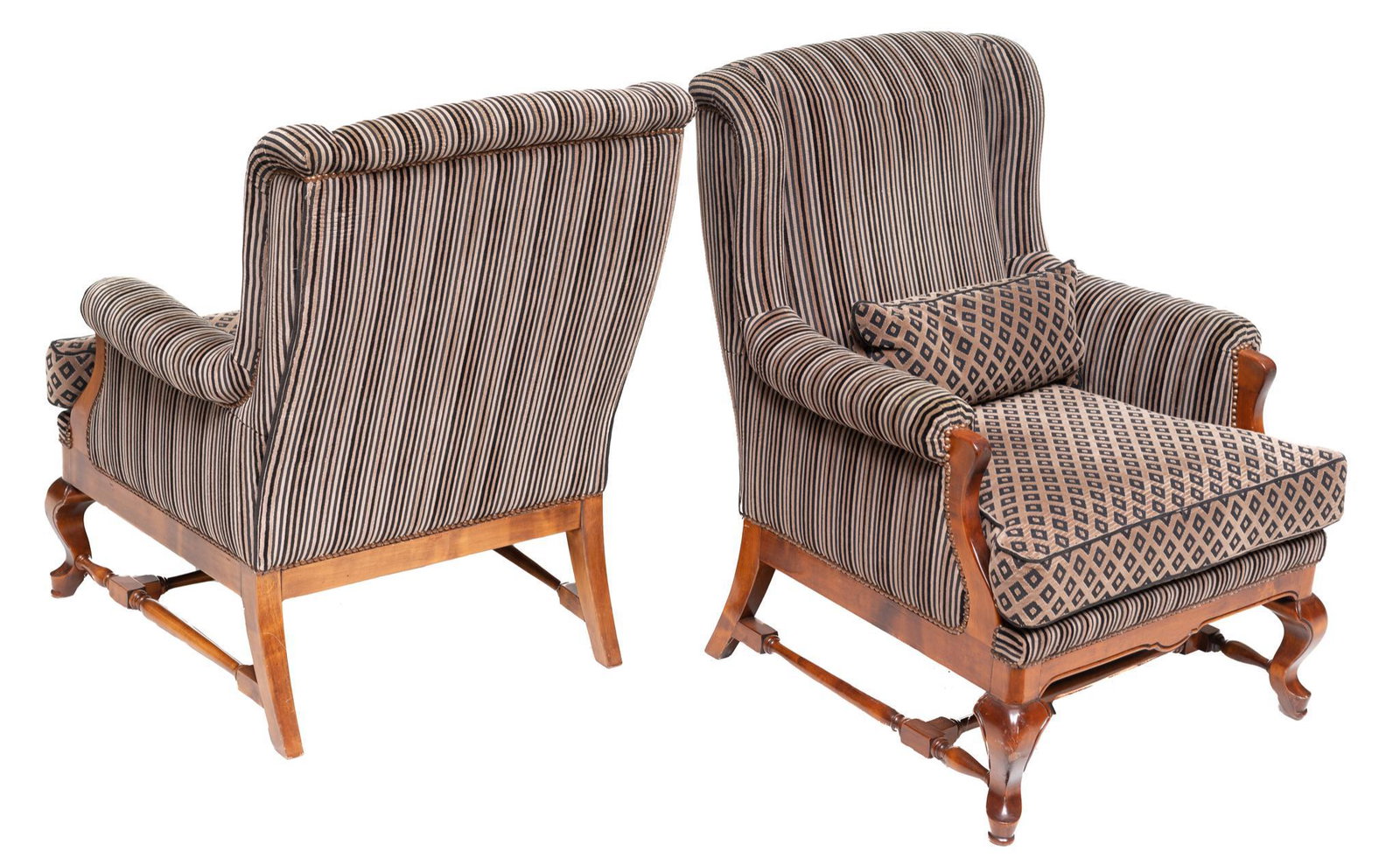 Pair of Louis XV Style Bergere Chairs: Pair of French Louis XV style bergere arm chairs, striped upholstery with nail head trim, carved frame, includes removable cushion, rising on H stretchered cabriole legs 39 x 31 x 29"/ each We happily