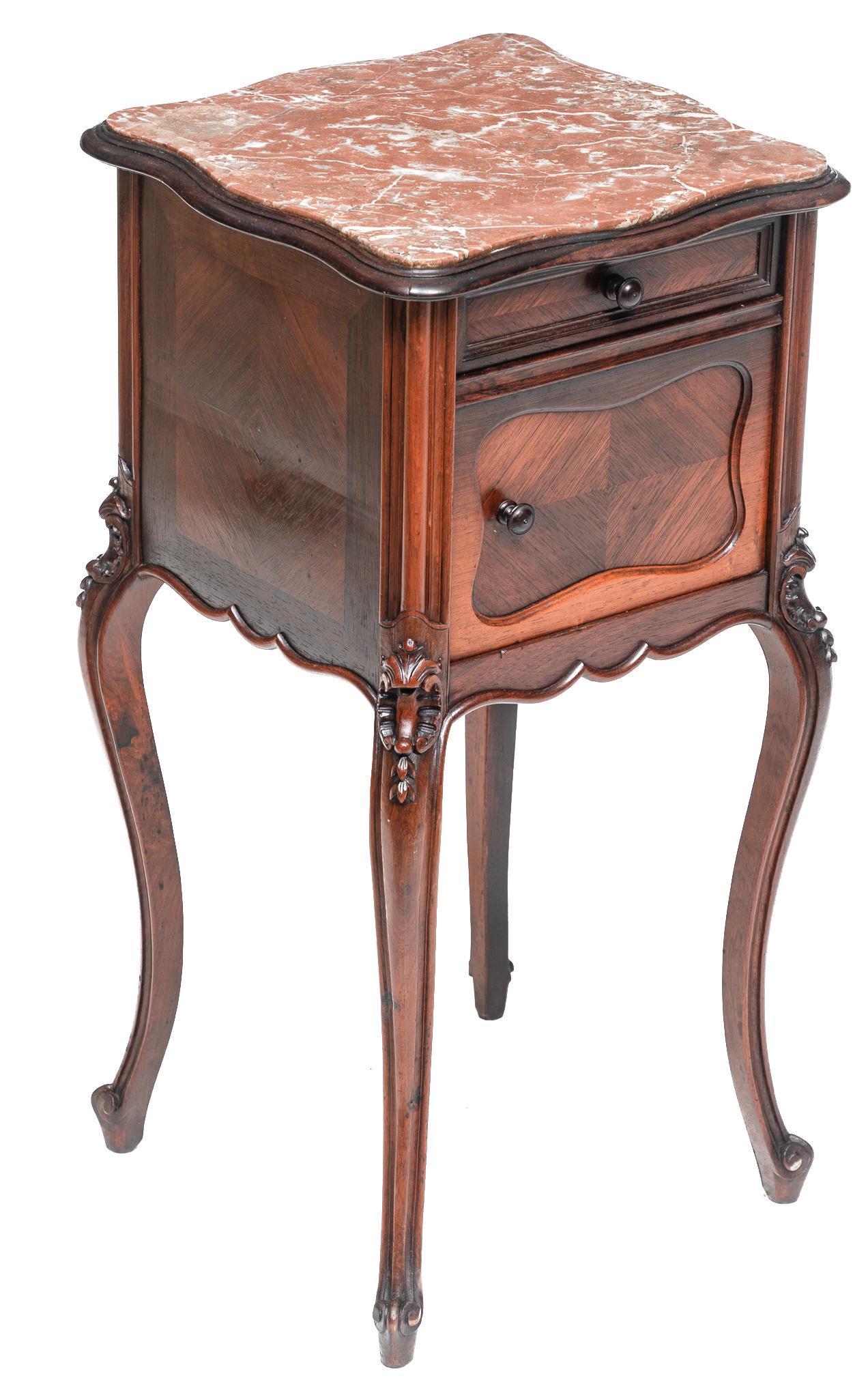 Louis XV Marble Top Night Stand: Louis XV style walnut nightstand, marble top and burl case with single door, rising on extended cabriole legs 31 x 16" We happily provide seamless shipping services on everything we sell. Please email