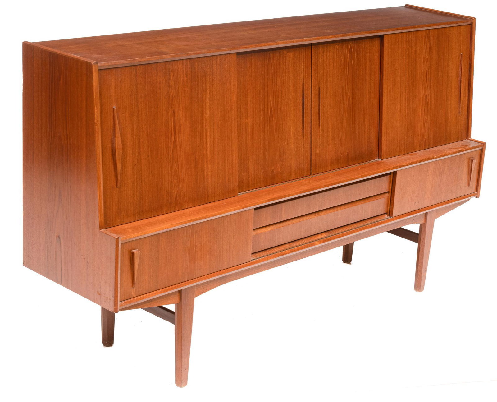 Danish Mid-Century Sideboard: Danish Mid-Century sideboard, four sliding doors open to shelved and mirrored interior, with valuables drawers, above four sliding doors and two drawers, rising on pin legs 45"h x 79"w x 20"d We happi