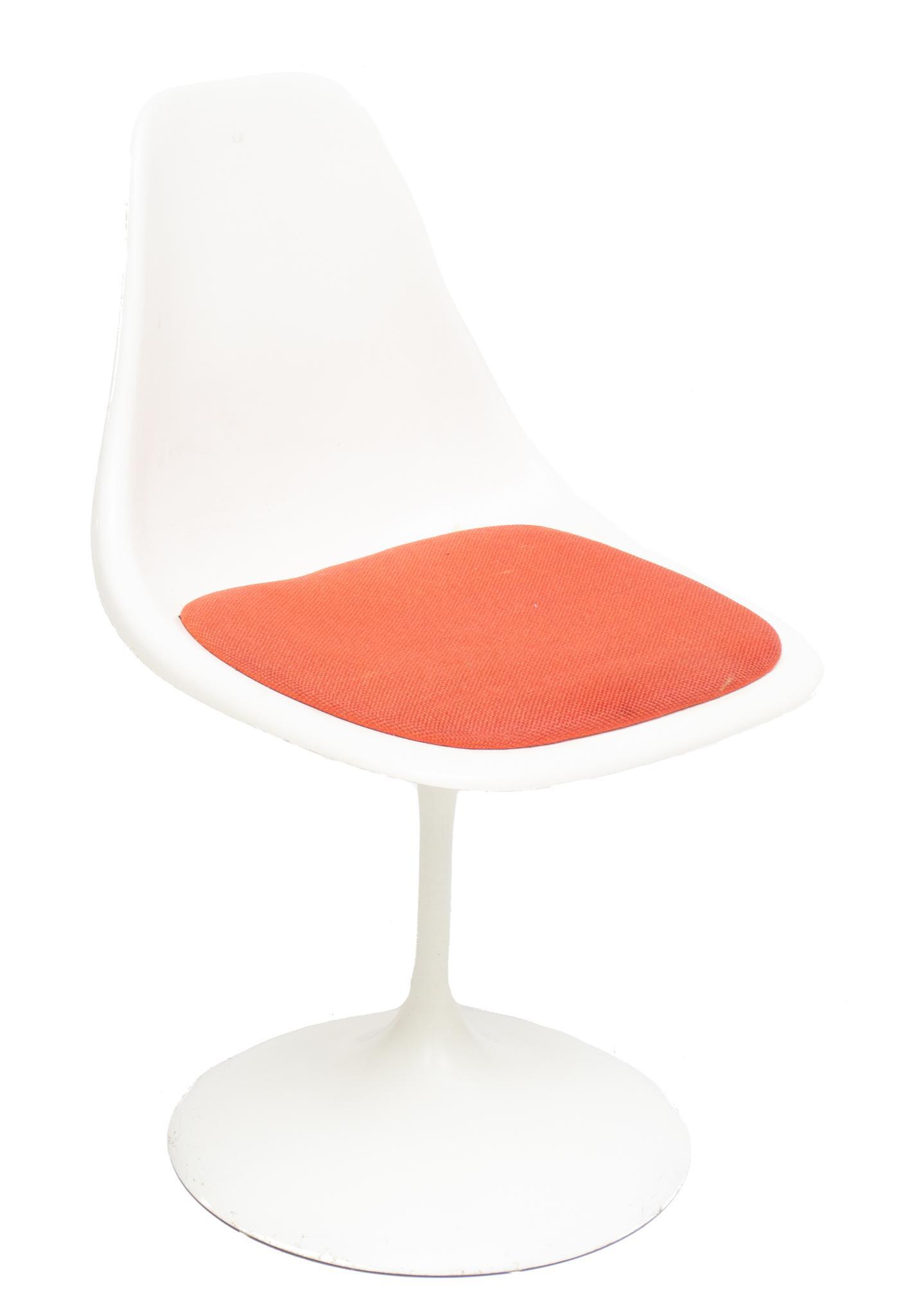 After Herman Miller, Mid-Century Chair: After Herman Miller, atomic style chair, white acrylic and metal frame with orange upholstered seat 32"h x 19"w x 16"d Provenance: The Estate of San Antonio Oil & Gas Entrepreneur George His (1927