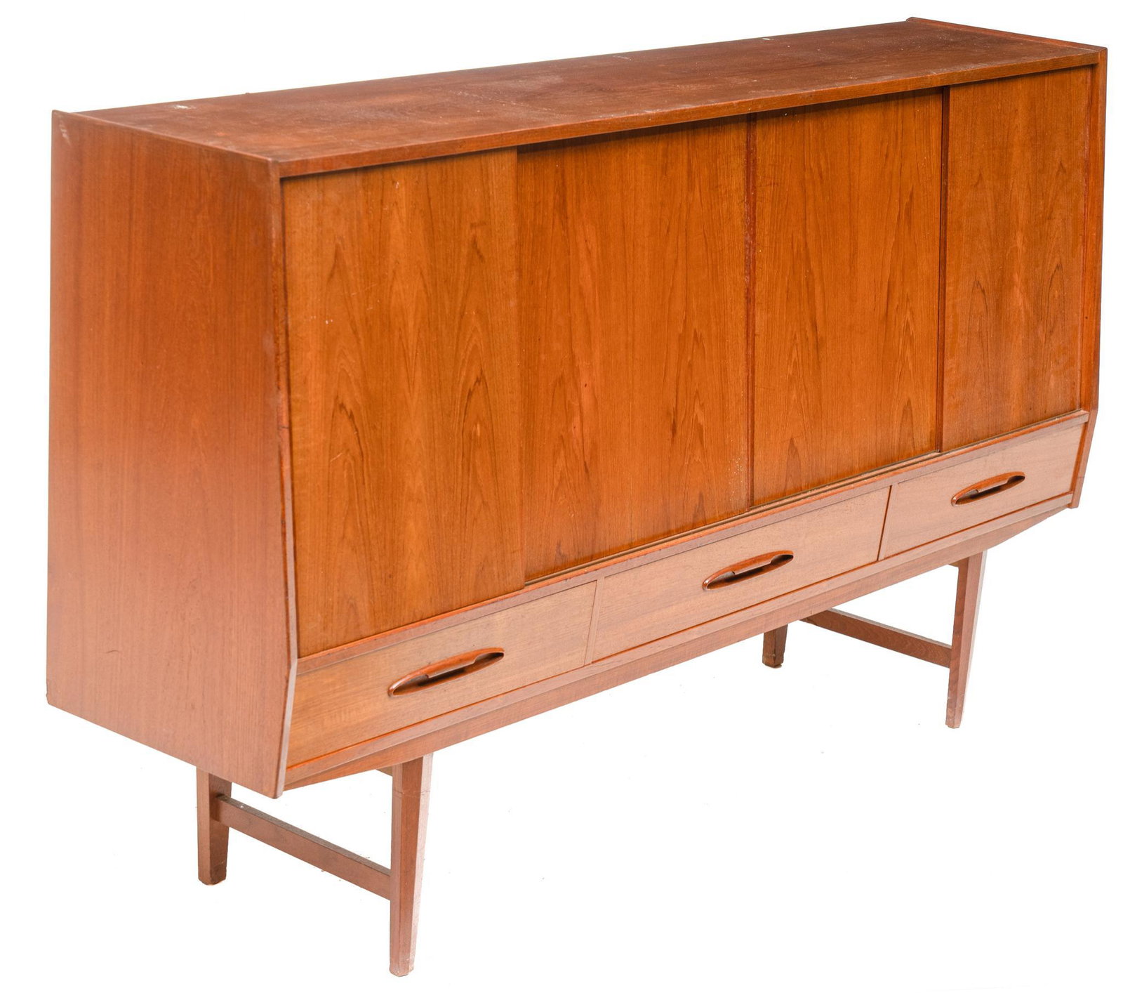 Danish Mid-Century Sideboard: Danish Mid-Century sideboard, four sliding doors open to shelved and mirrored interior, nature motif, with internal valuables drawers, above three drawers, rising on stretchered pin legs 47"h x 79"w x