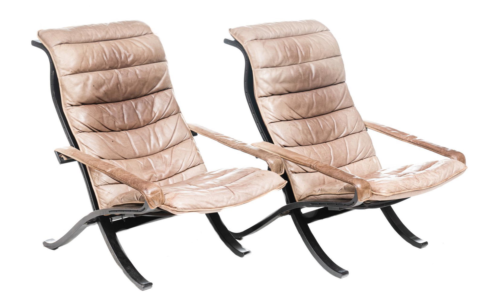 Pair of Danish Mid-Century Leather Arm Chairs: Pair of Danish Mid-Century arm chairs, brown/grey leather, foldable bent wood frame 37"h x 29"w x 23"d/ each We happily provide seamless shipping services on everything we sell. Please email us at shi