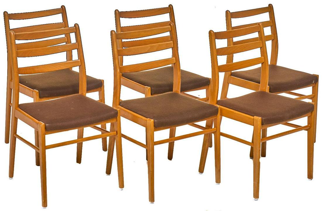 Set of 6 Danish Mid-Century Dining Chairs: Set of six Danish Mid-Century dining chairs, brown upholstered seats, ladder back, rising on stretchered pin legs 33"h x 20"w x 21"d/ each We happily provide seamless shipping services on everything w
