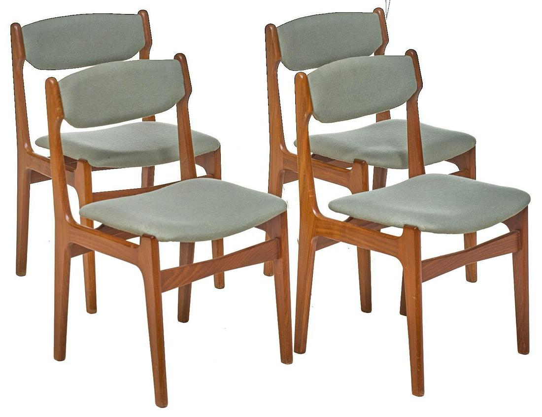 Set of 4 Danish Mid-Century Dining Chairs: Set of four Danish Mid-Century dining chairs, teal upholstered seat and back, rising on stretchered pin legs 30"h x 18"w x 16"d/ each We happily provide seamless shipping services on everything we sel
