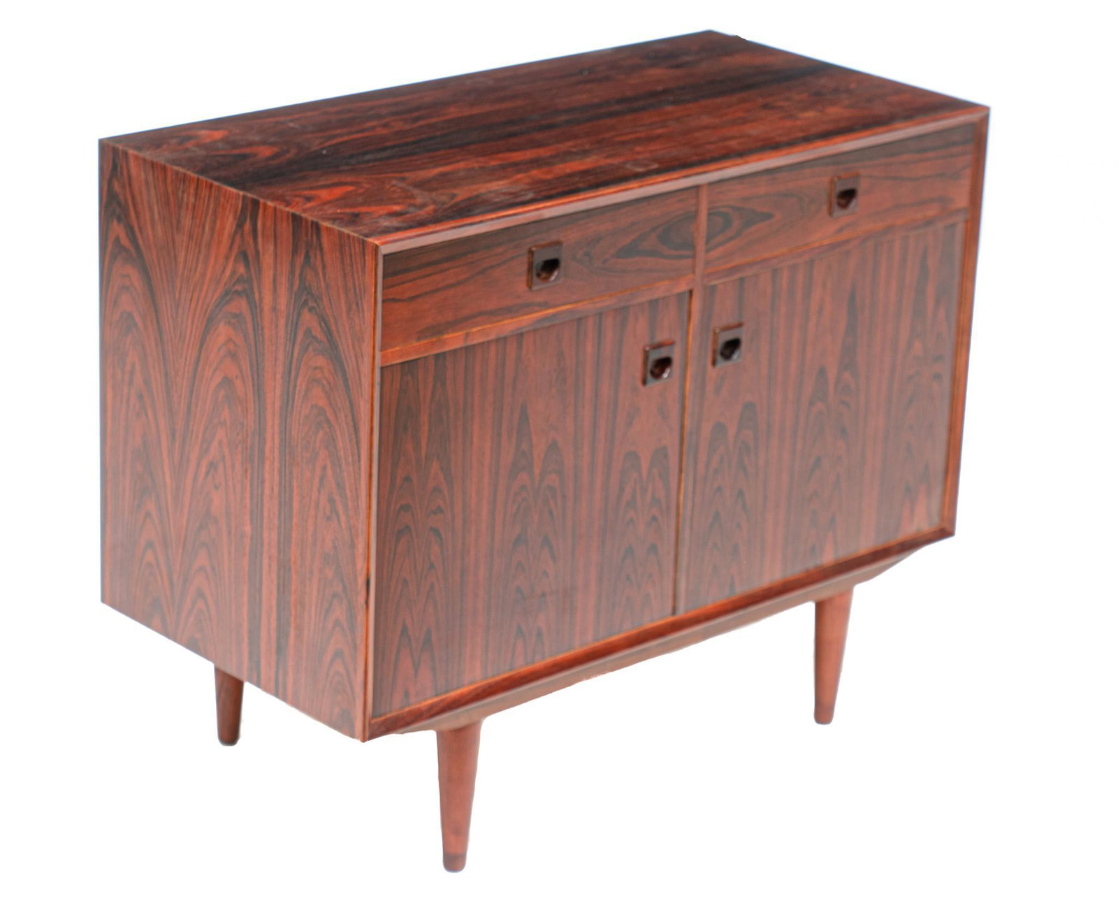 Danish Mid-Century Brouer Credenza: Danish Mid-Century Brouer credenza cabinet, two drawers above two doors that open to shelved interior, marked Made in Denmark, rising on pin legs 32"h x 39.5"w x 20"d We happily provide seamless shipp