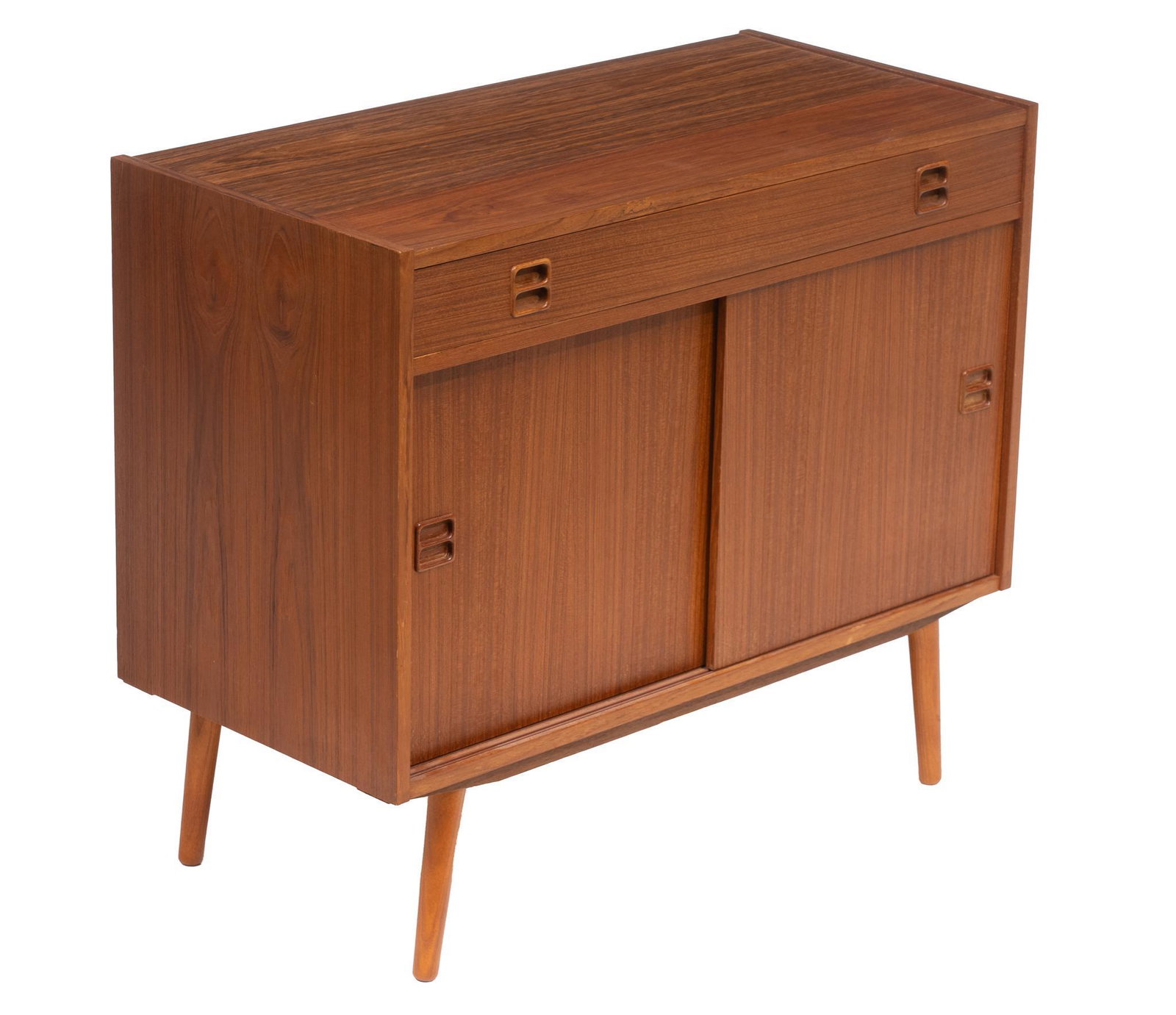 Danish Mid-Century Credenza: Danish Mid-Century credenza cabinet, single drawer above two sliding doors that open to shelved interior, rising on pin legs 29.5"h x 35"w x 16.5"d We happily provide seamless shipping services on eve
