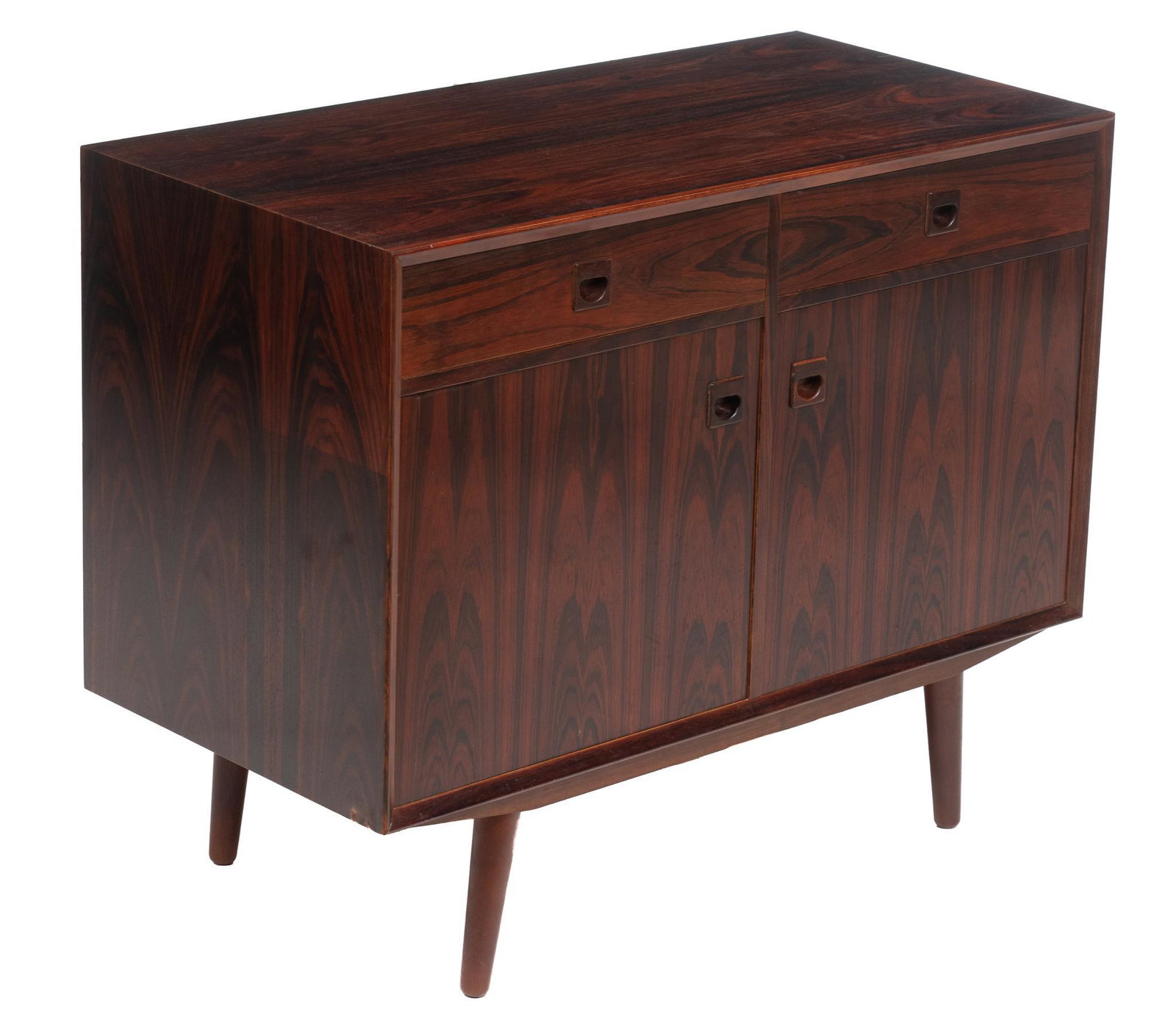 Danish Mid-Century Brouer Credenza: Danish Mid-Century Brouer credenza cabinet, two drawers above two doors open to shelved interior, stamped Made in Denmark, rising on pin legs 32"h x 39.5"w x 20"d We happily provide seamless shipping 