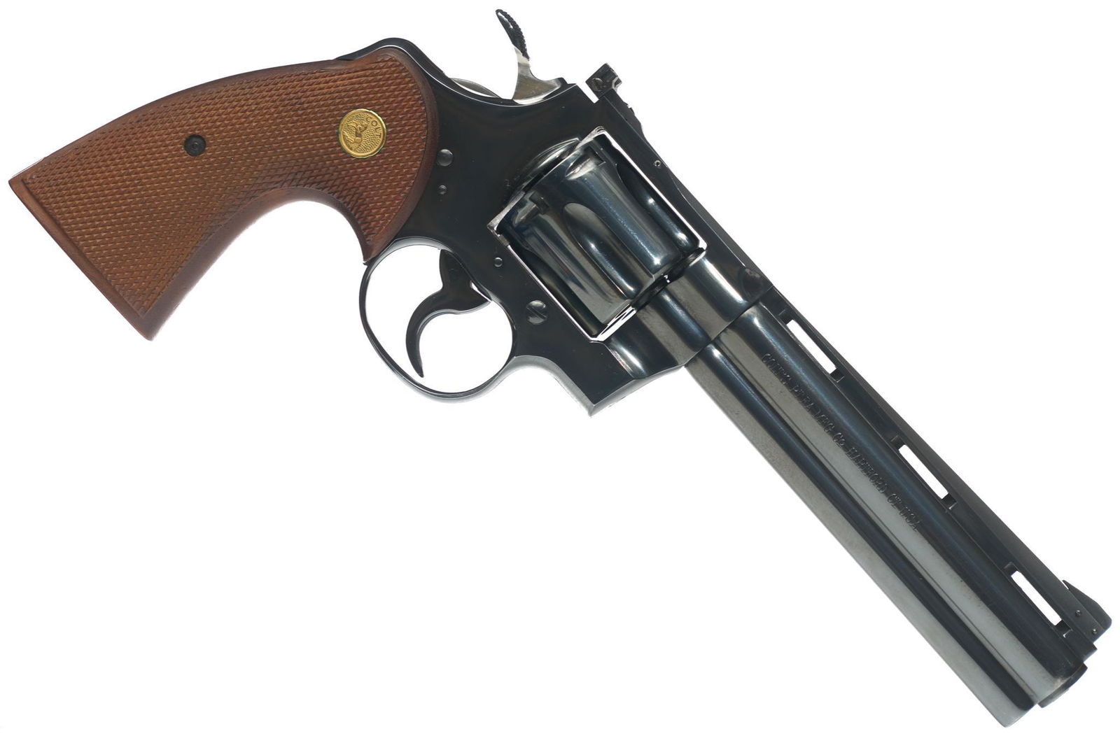 Colt Python (1958) .357 Magnum DA Revolver: Serial: 6992 Manufacturer: Colt (1958) Model: Python Caliber: .357 Mag Barrel length: 6" Condition: Excellent; very slight wear around muzzle; left side of grips has some scratching; cylinder drag mar