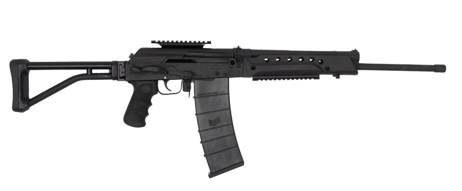 Izhmash Saiga 410 Semi-Automatic Shotgun: Serial: H09201512T Manufacturer: Izhmash Model: Saiga Caliber: .410 bore Barrel length: 19" Condition: Good; light signs of use; wear from safety lever Includes: 1 x Surefire Gun Mag (10) Rd Magazine 