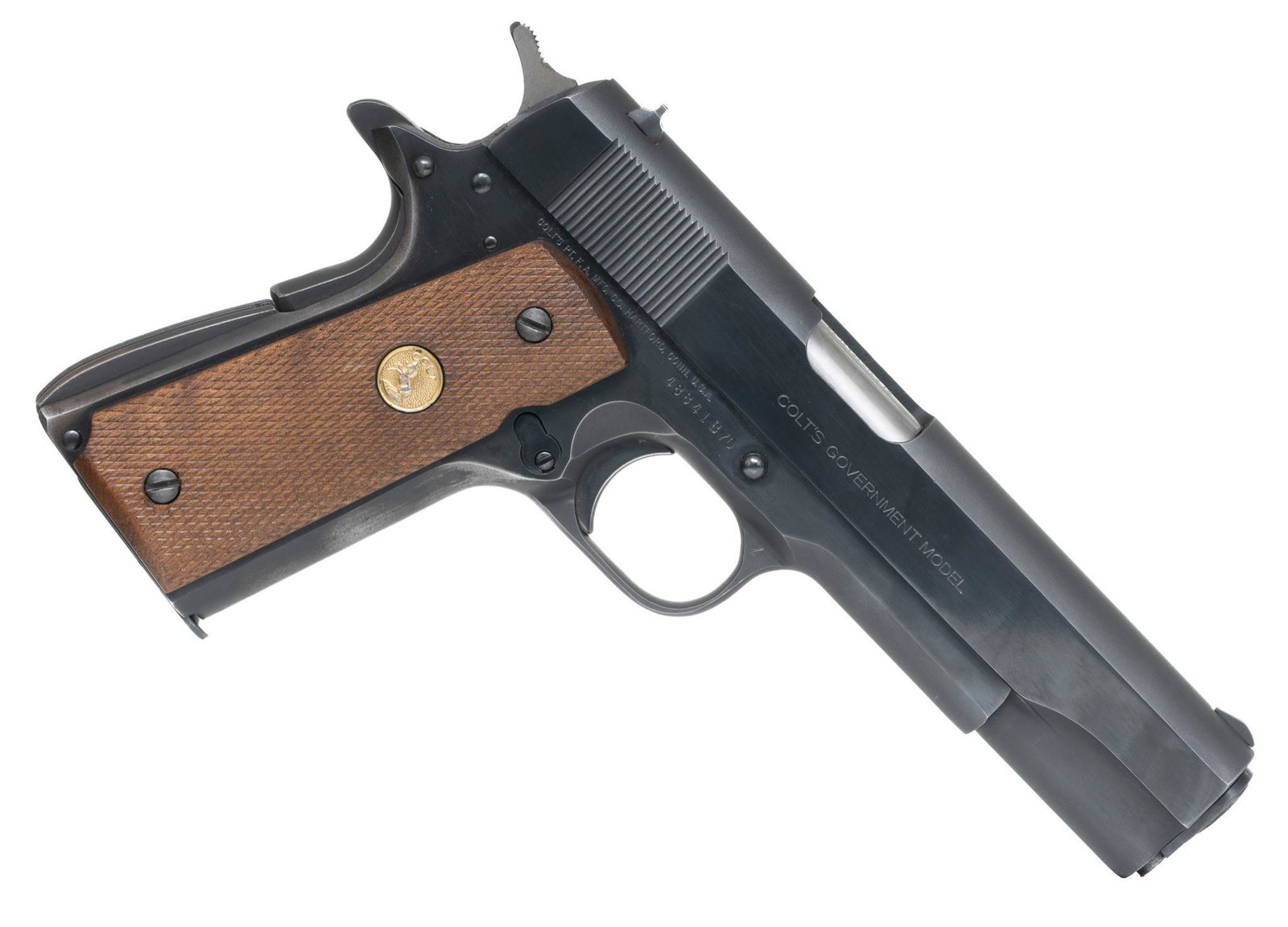 Colt MK IV Series: Serial: 48841B70 Manufacturer: Colt (1980) Model: MK IV / Series '70 Caliber: .45 ACP Barrel length: 5" Condition: Good; wear on front strap of grips from firing; bore is good Includes: extra rubber P